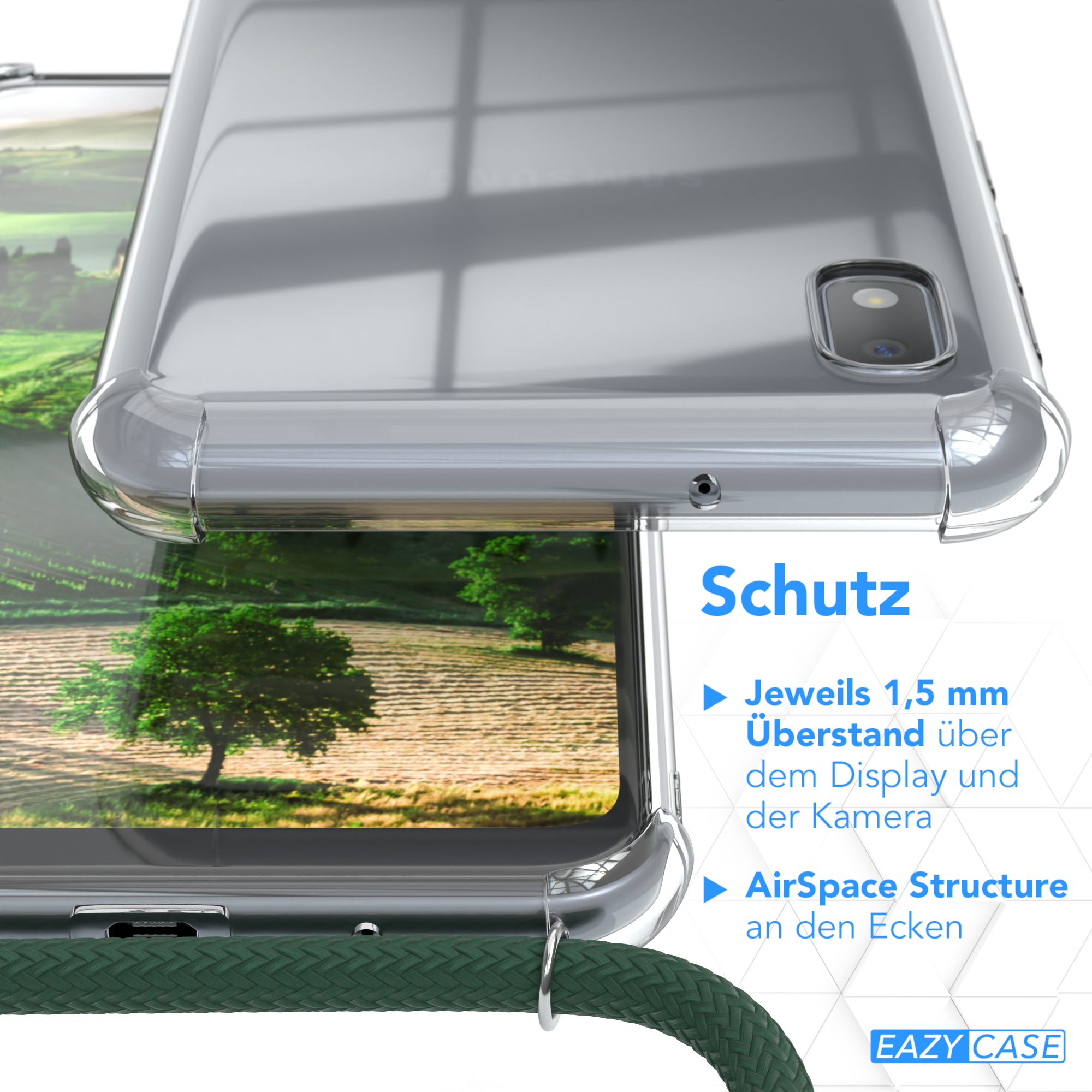Nahaufnahme einer durchsichtigen Handyhülle über einem Telefon. Details zum Schutz mit deutschem Text.