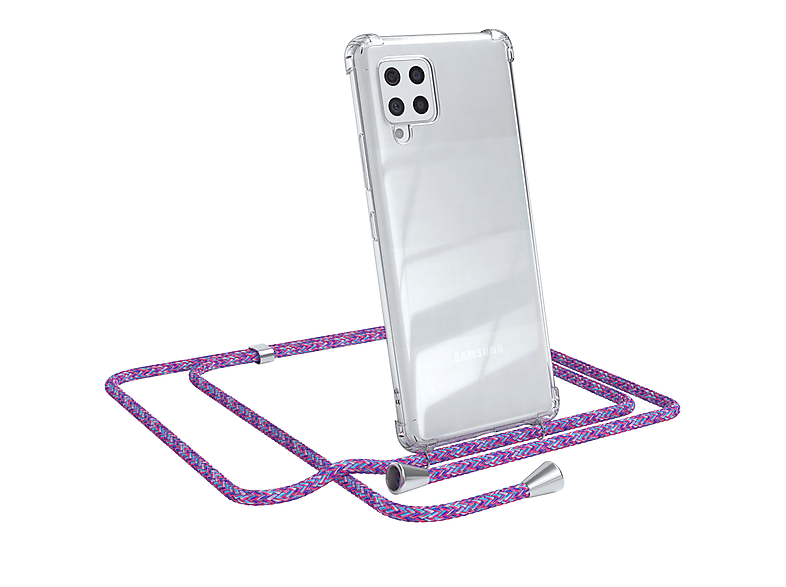 EAZY CASE Clear Cover mit Umhängeband, Umhängetasche, Samsung, Galaxy A42 5G, Lila / Clips Silber