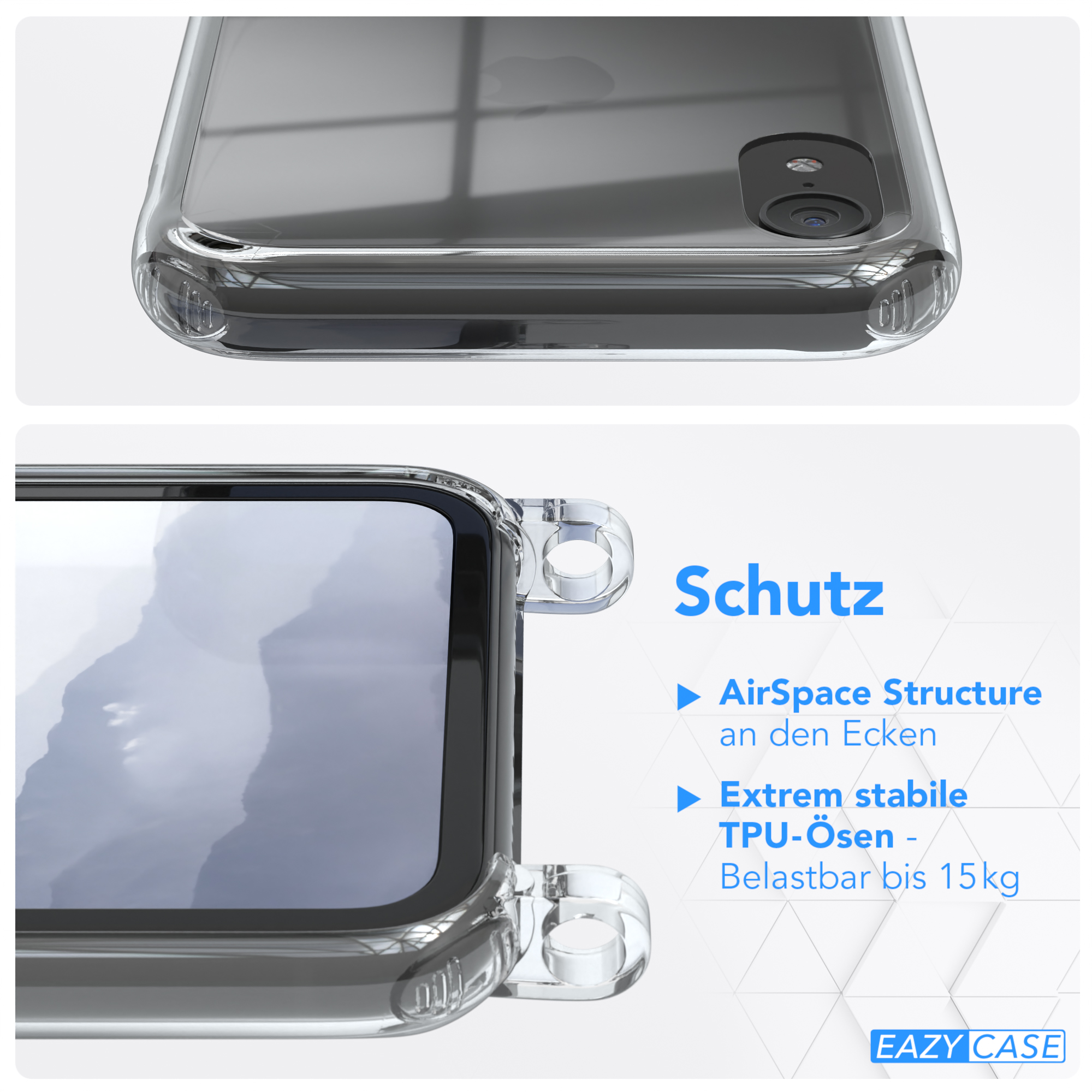 Eine transparente Handyhülle. Details der Hülle, AirSpace Structure und TPU-Ösen.