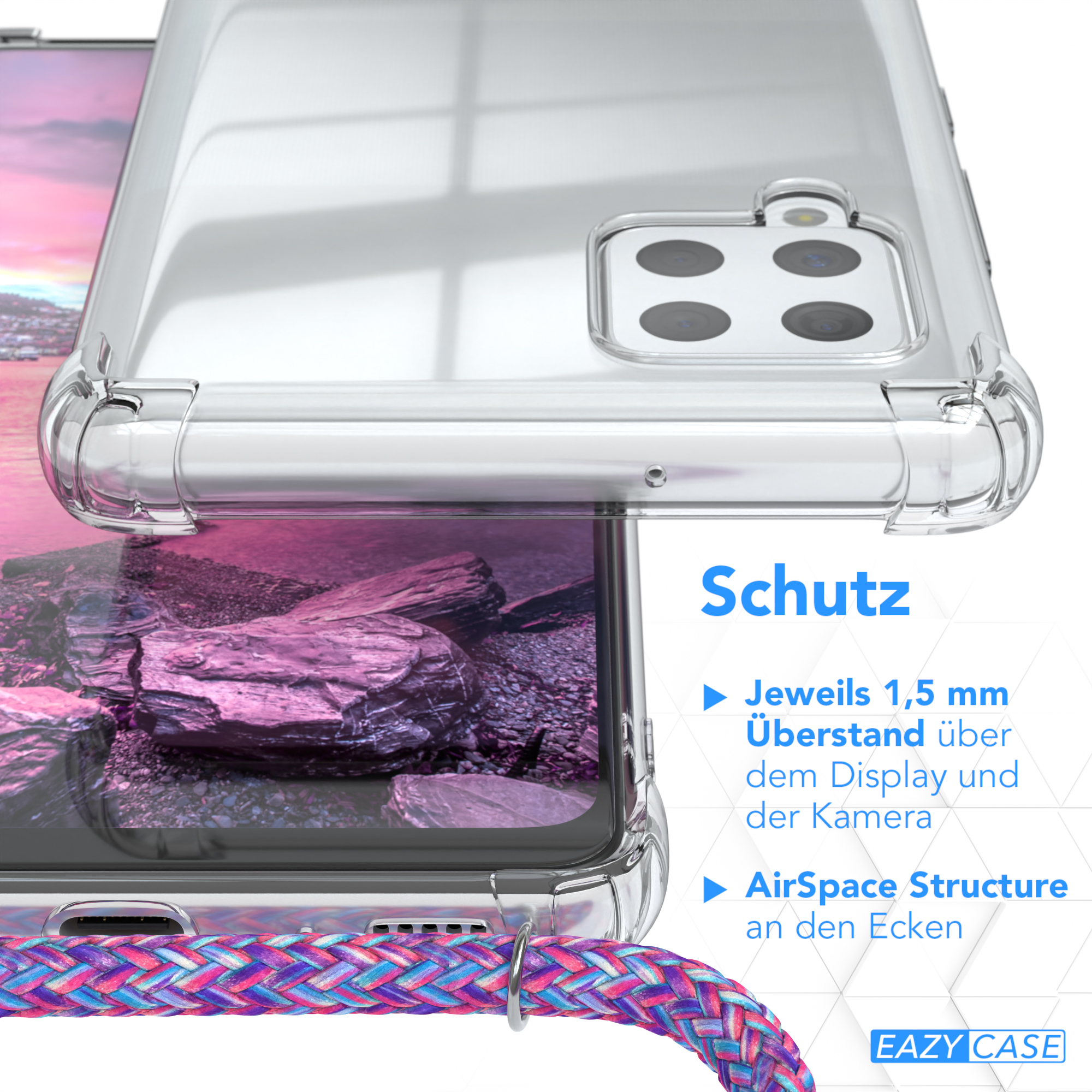 Samsung, Clips Cover 5G, Umhängeband, EAZY Clear Silber / A42 Galaxy CASE mit Lila Umhängetasche,