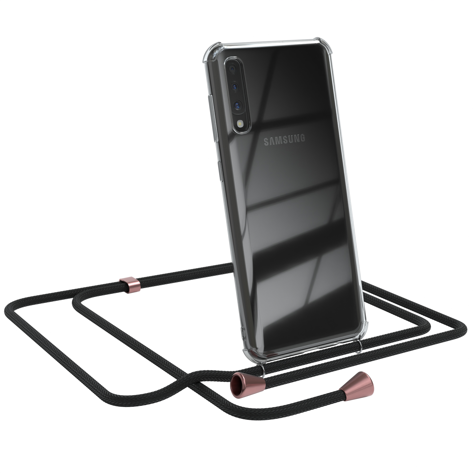 Telefon in klarer Hülle mit schwarz-rosafarbenem Umhängeband.