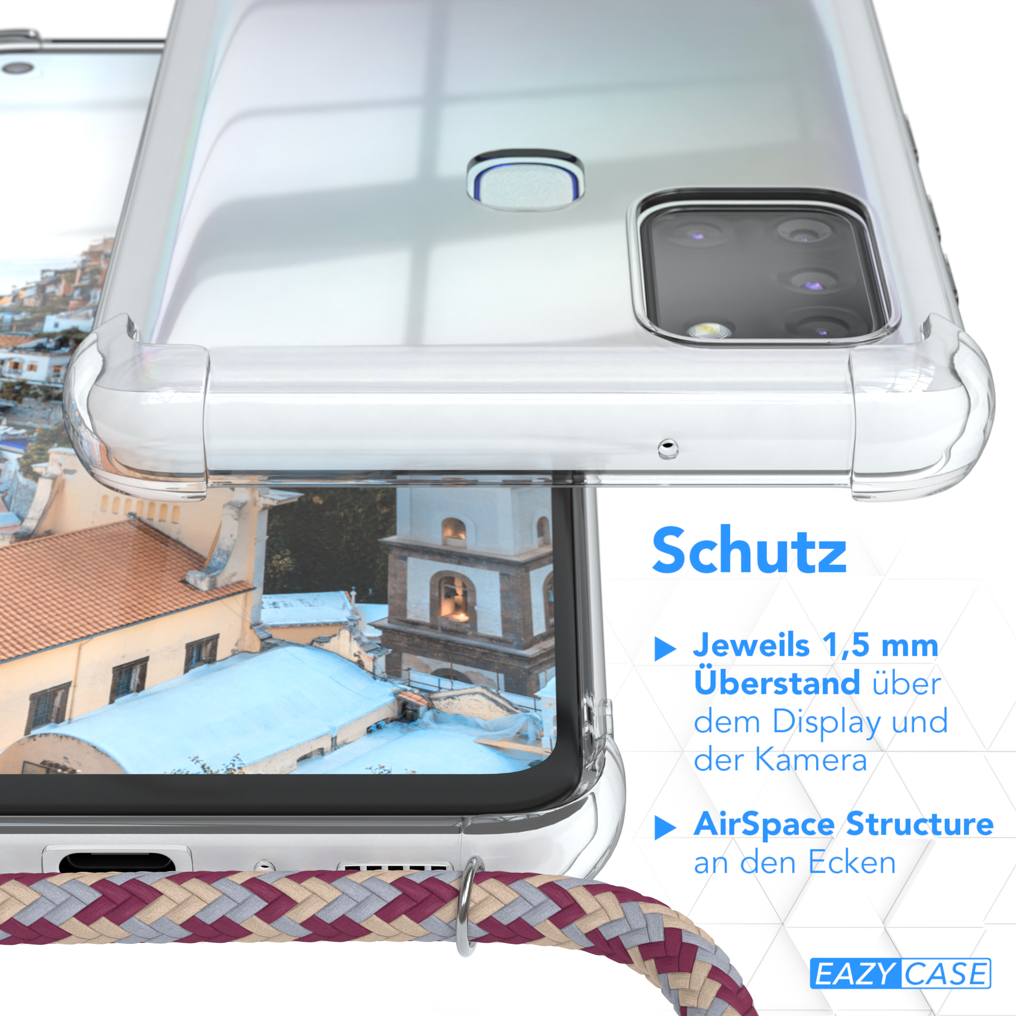 Eine Handyhülle, die ein Telefon schützt. Die Hülle hat den Text 'AirSpace Structure' und das Logo 'EAZY CASE'.