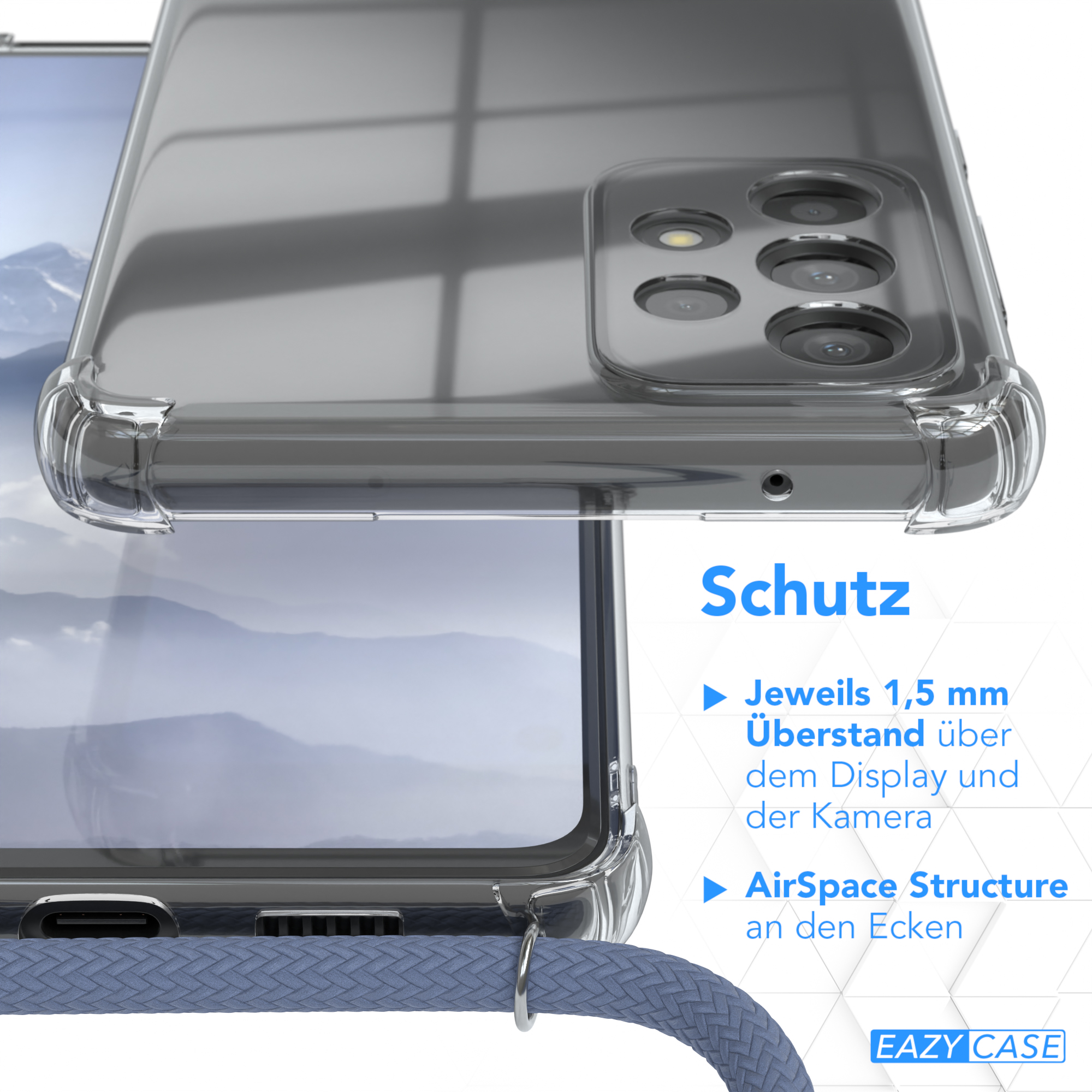 Transparente Handyhülle auf dem Telefon. Text: Schutz, AirSpace Structure und 1,5 mm Displayschutz.