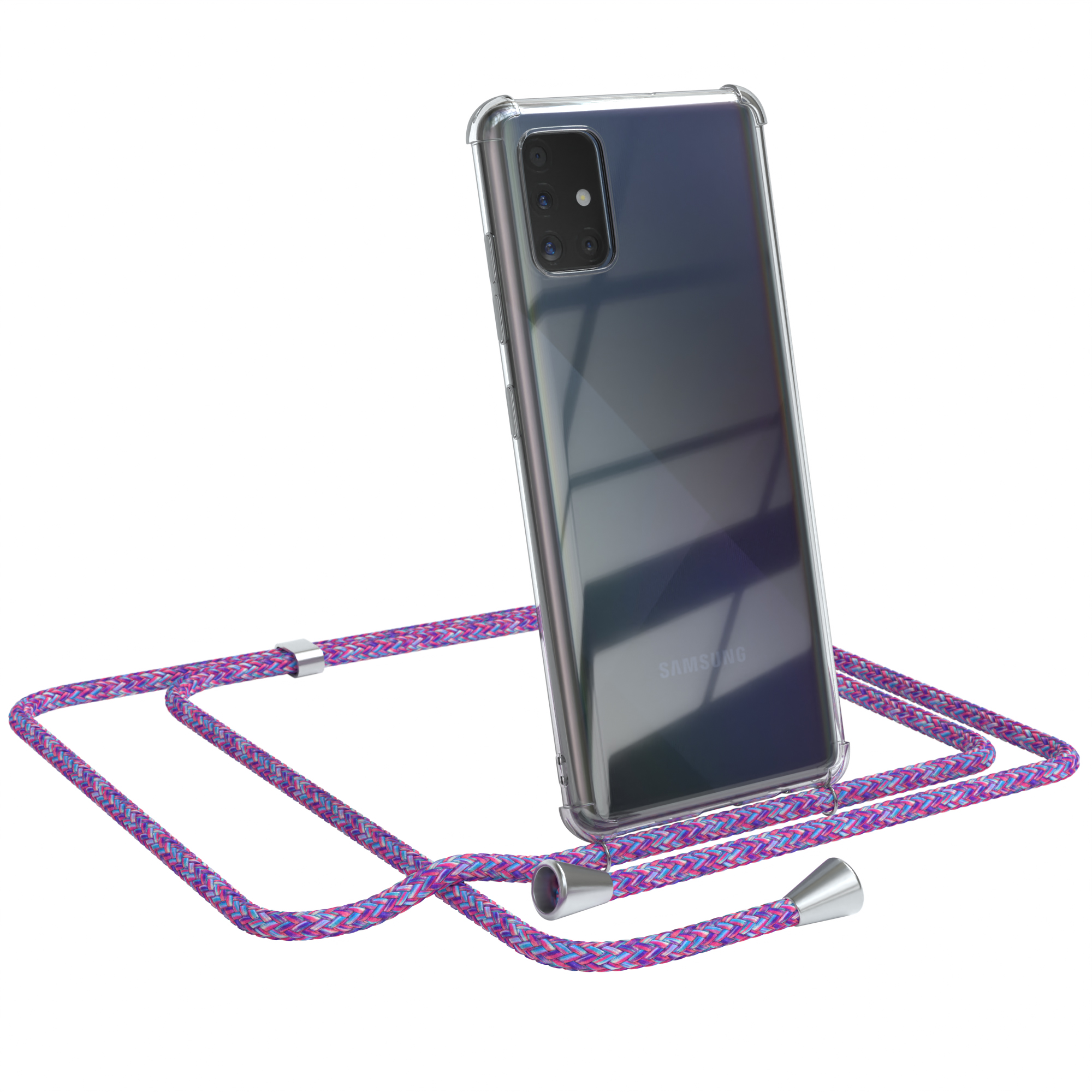 Transparente Handyhülle mit lilafarbenem Band. Samsung-Logo sichtbar. Weißer HG.