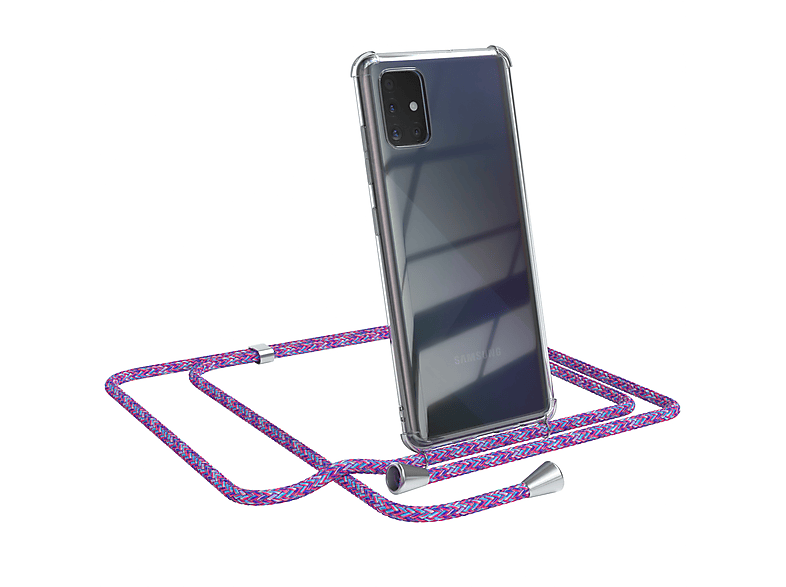 EAZY CASE Clear Cover mit Umhängeband, Umhängetasche, Samsung, Galaxy A51, Lila / Clips Silber