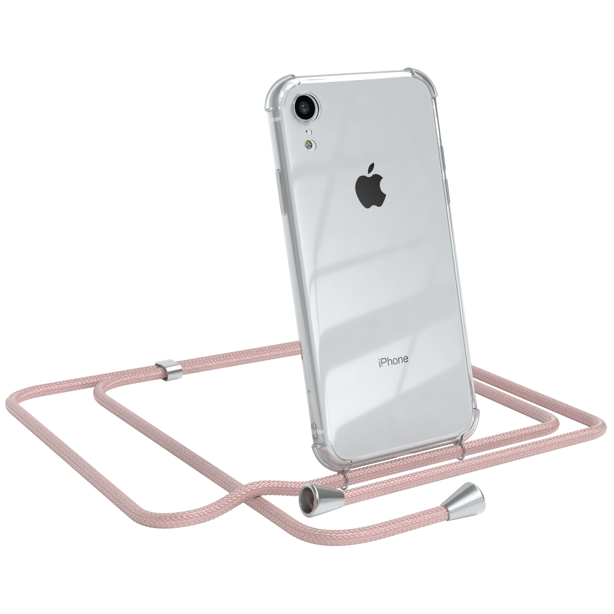 iPhone in klarer Hülle mit rosa Riemen.