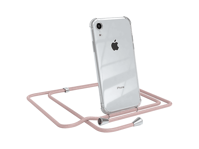 EAZY CASE Clear Cover mit Umhängeband, Umhängetasche, Apple, iPhone XR, Rosé / Clips Silber