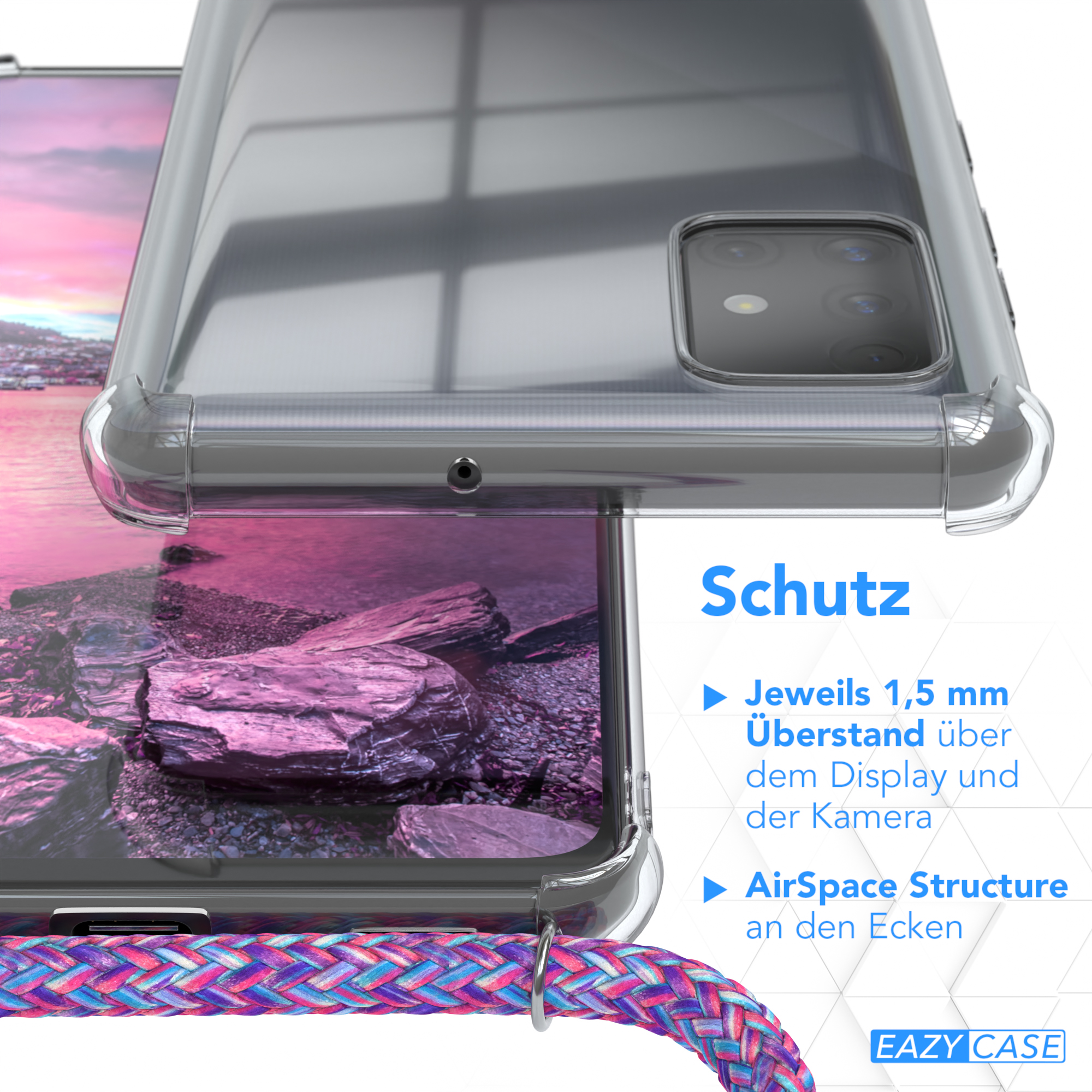 Eine transparente Handyhülle. Details über die Eigenschaften des Gehäuses werden angegeben.