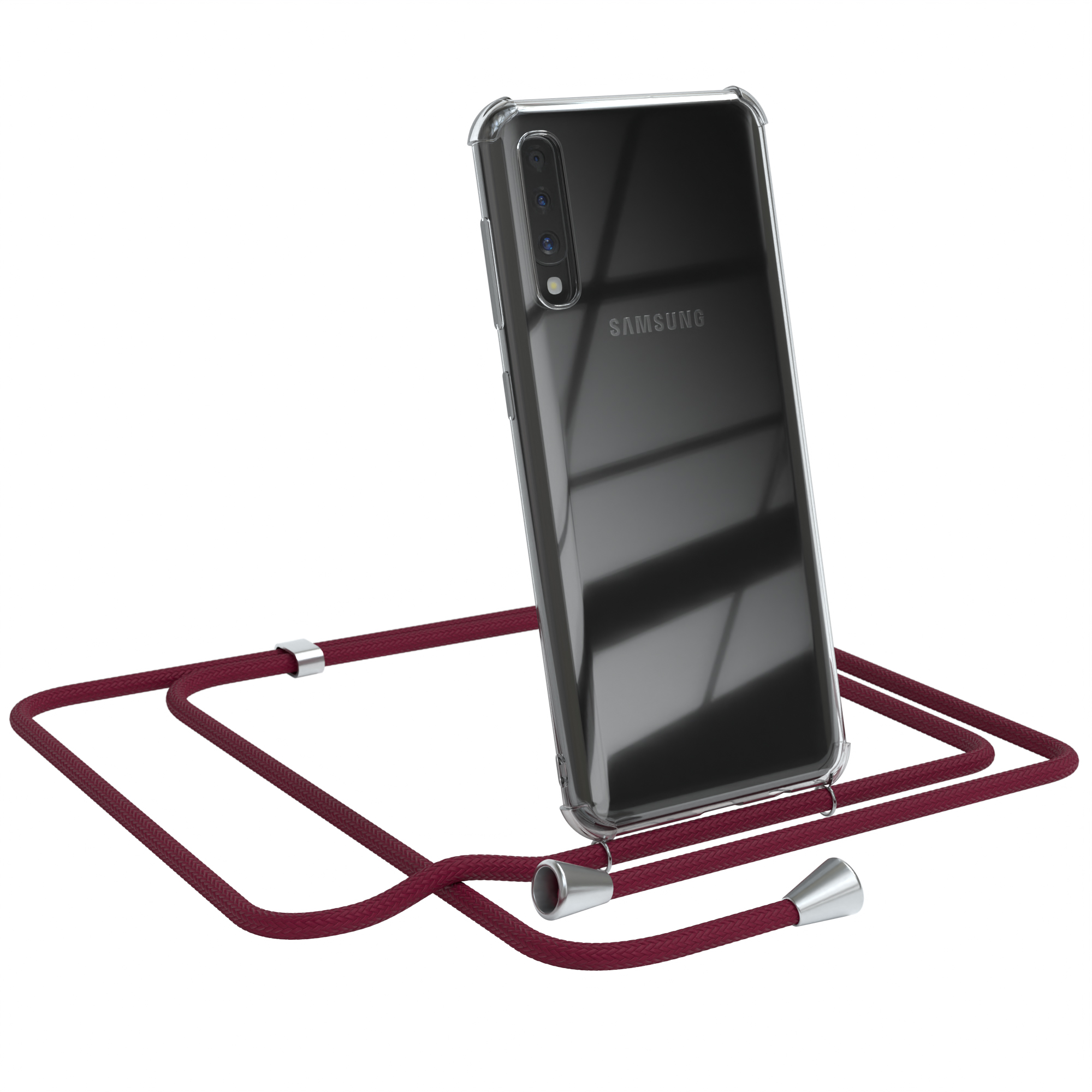 Transparente Handyhülle mit weinrotem Lanyard, Samsung-Handy. Weißer Hintergrund.