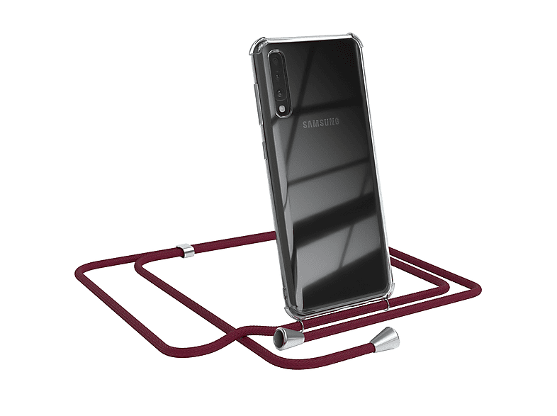 EAZY CASE Clear Cover mit Umhängeband, Umhängetasche, Samsung, Galaxy A50 / A50s / A30s, Bordeaux Rot / Clips Silber