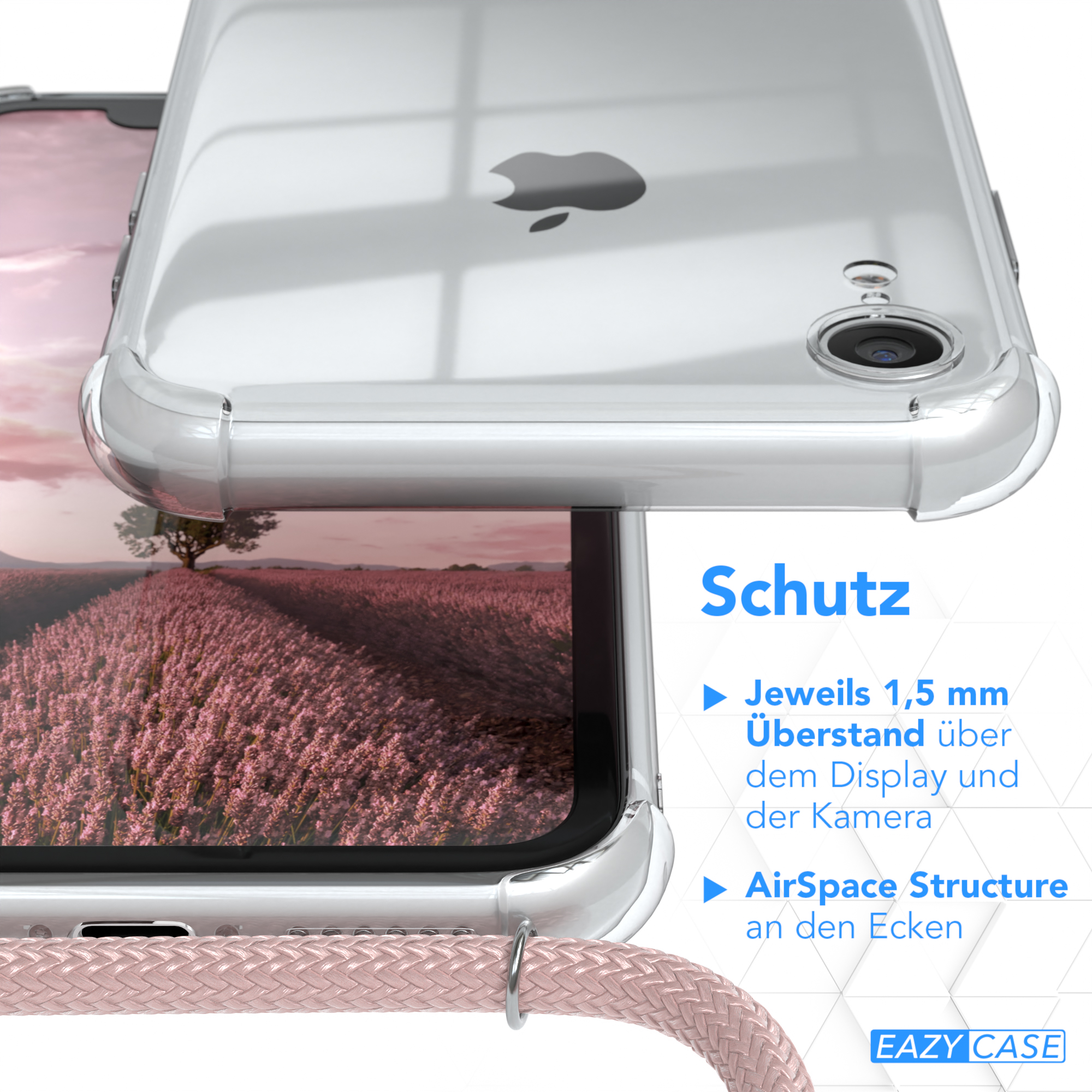 Telefon mit durchsichtiger Hülle, zeigt eine rosafarbene Schnur. Der Text auf dem Bild lautet 'Schutz' und 'Eazy Case'.