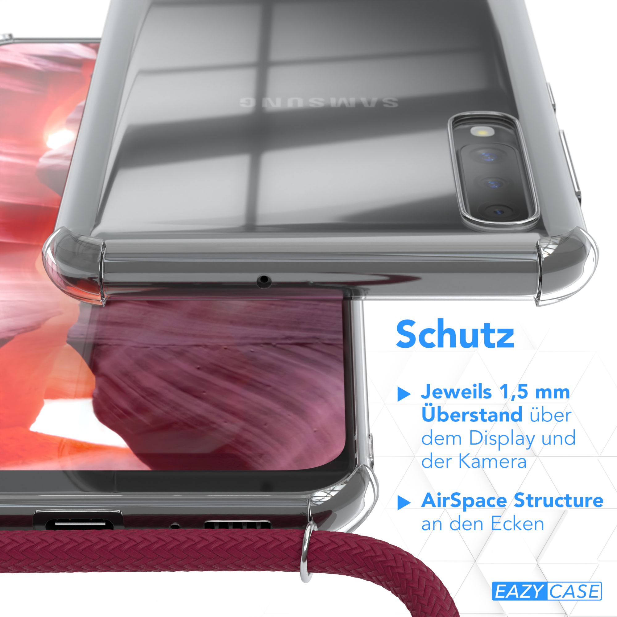 Nahaufnahme: Transparente Handyhülle, rotes Kabel. Text: Schutz. Merkmale: Display- und Kameraschutz.