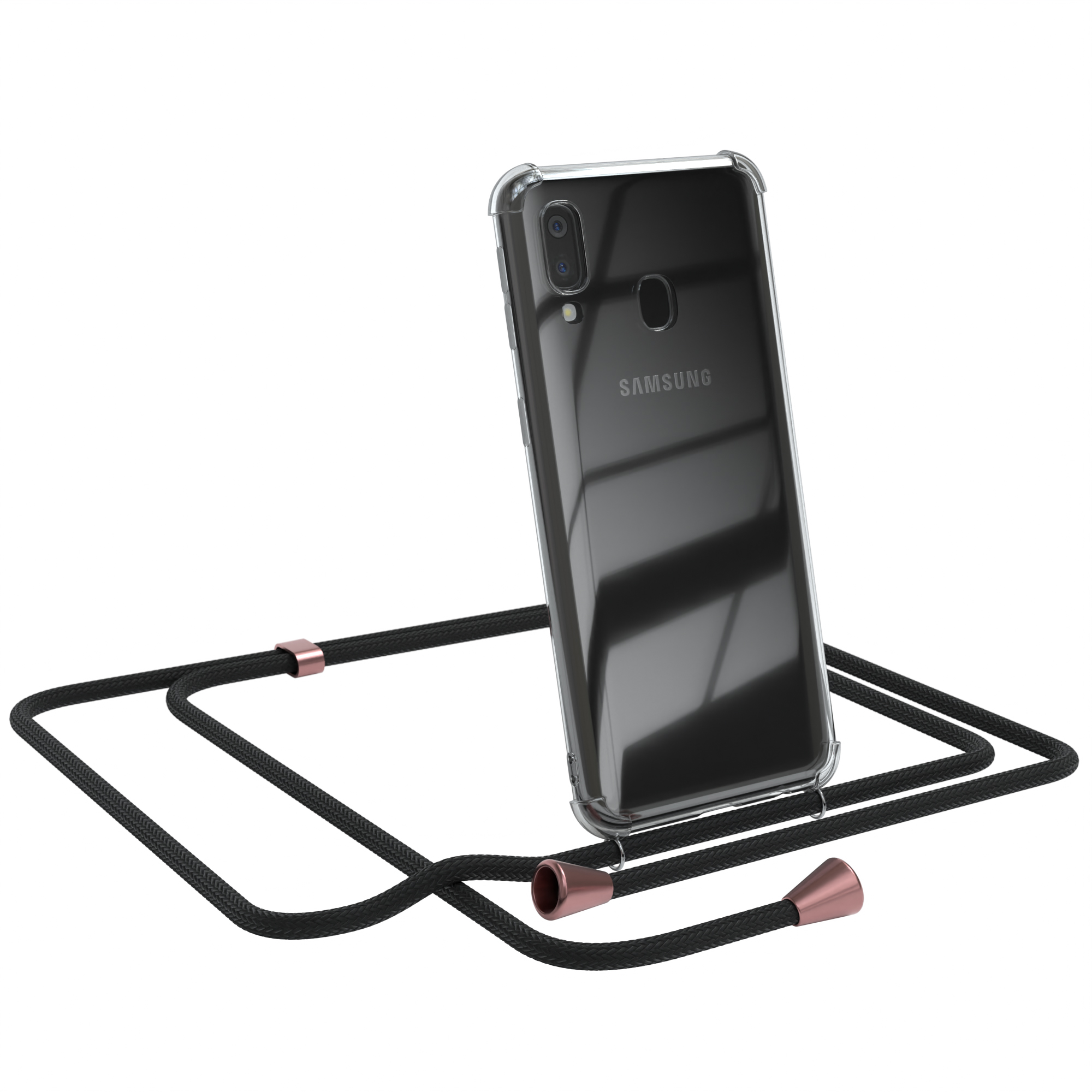 Schwarz / Samsung, A40, mit CASE Umhängeband, Clear Rosé Cover EAZY Clips Galaxy Umhängetasche,