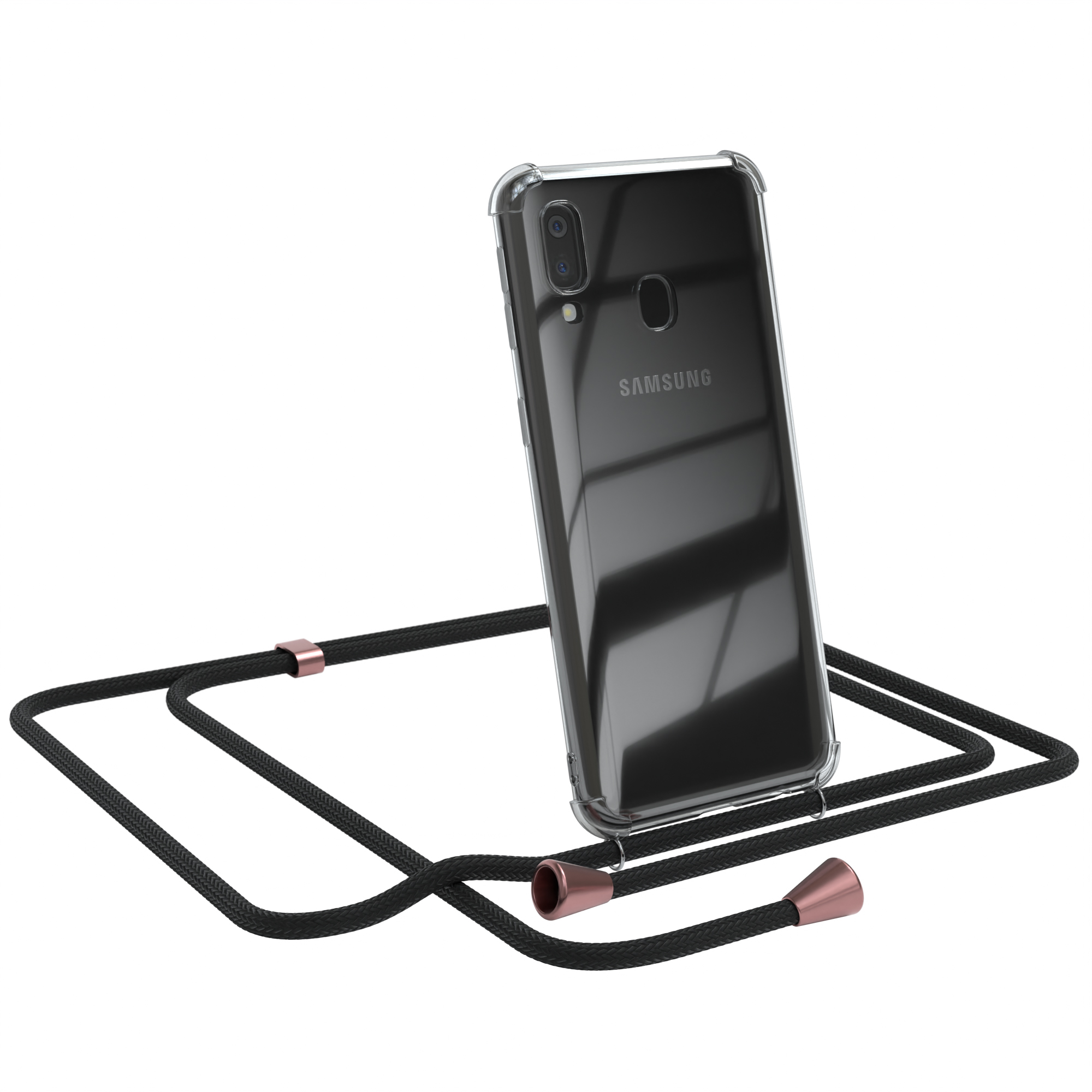 Ein Samsung-Telefon in einer transparenten Hülle mit einem schwarzen und roségoldenen Lanyard.