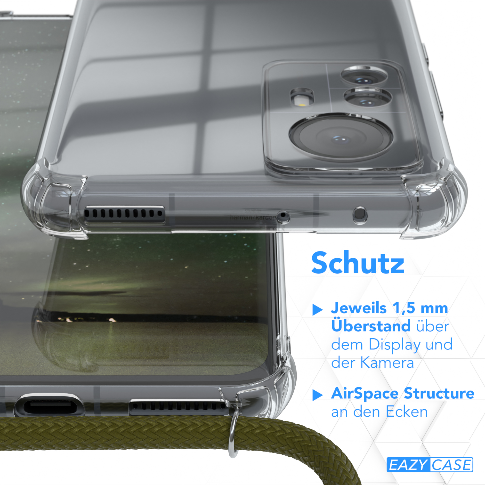 Nahaufnahme einer Handyhülle. Text: 'Schutz' und Details zu den Schutzfunktionen.