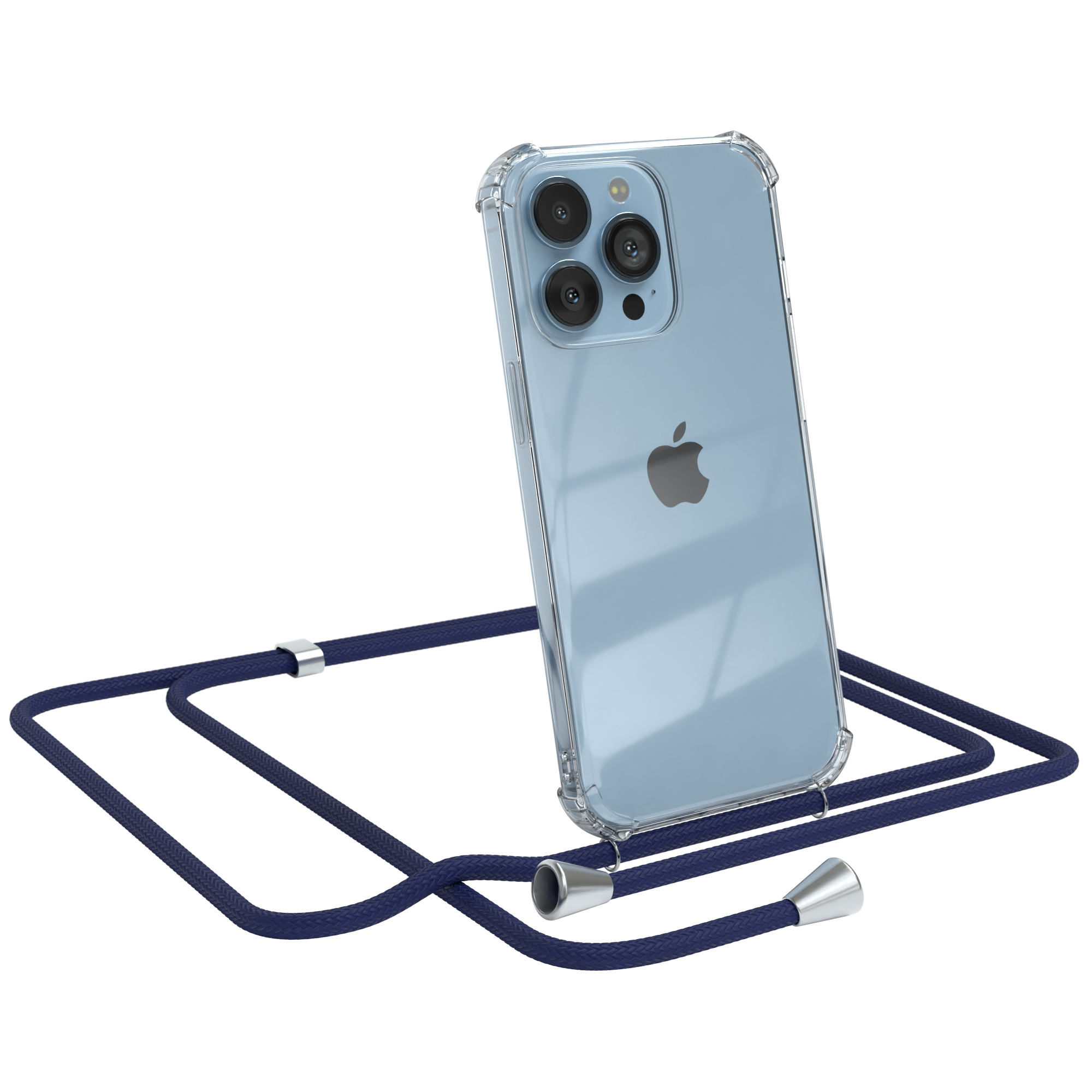 Transparente Handyhülle mit blauem Umhängeband. Das Telefon zeigt ein Apple-Logo.