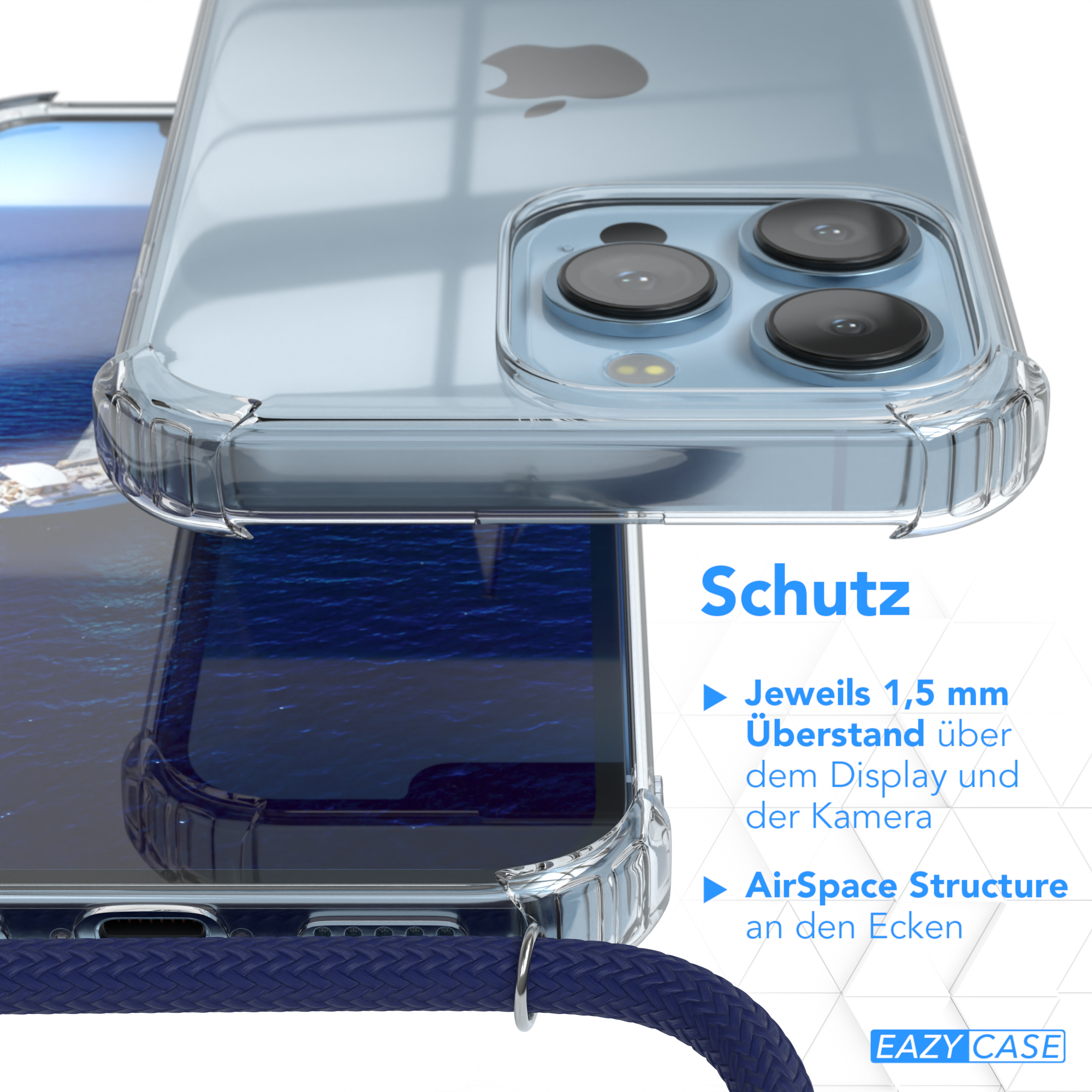 Nahaufnahme einer Handyhülle mit Text zum Schutz. Zeigt 1,5 mm über dem Display und AirSpace Structure.