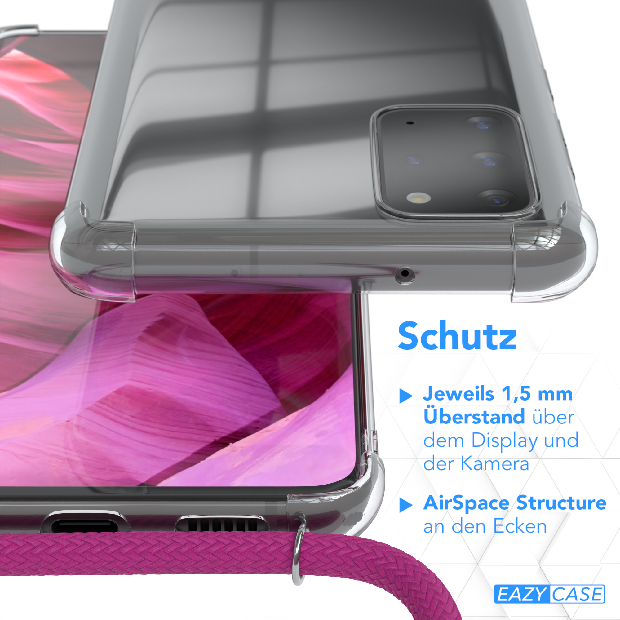 Nahaufnahme einer durchsichtigen Handyhülle, die ein Telefon schützt. Text: 'Schutz' und zeigt Schlüsselfunktionen.