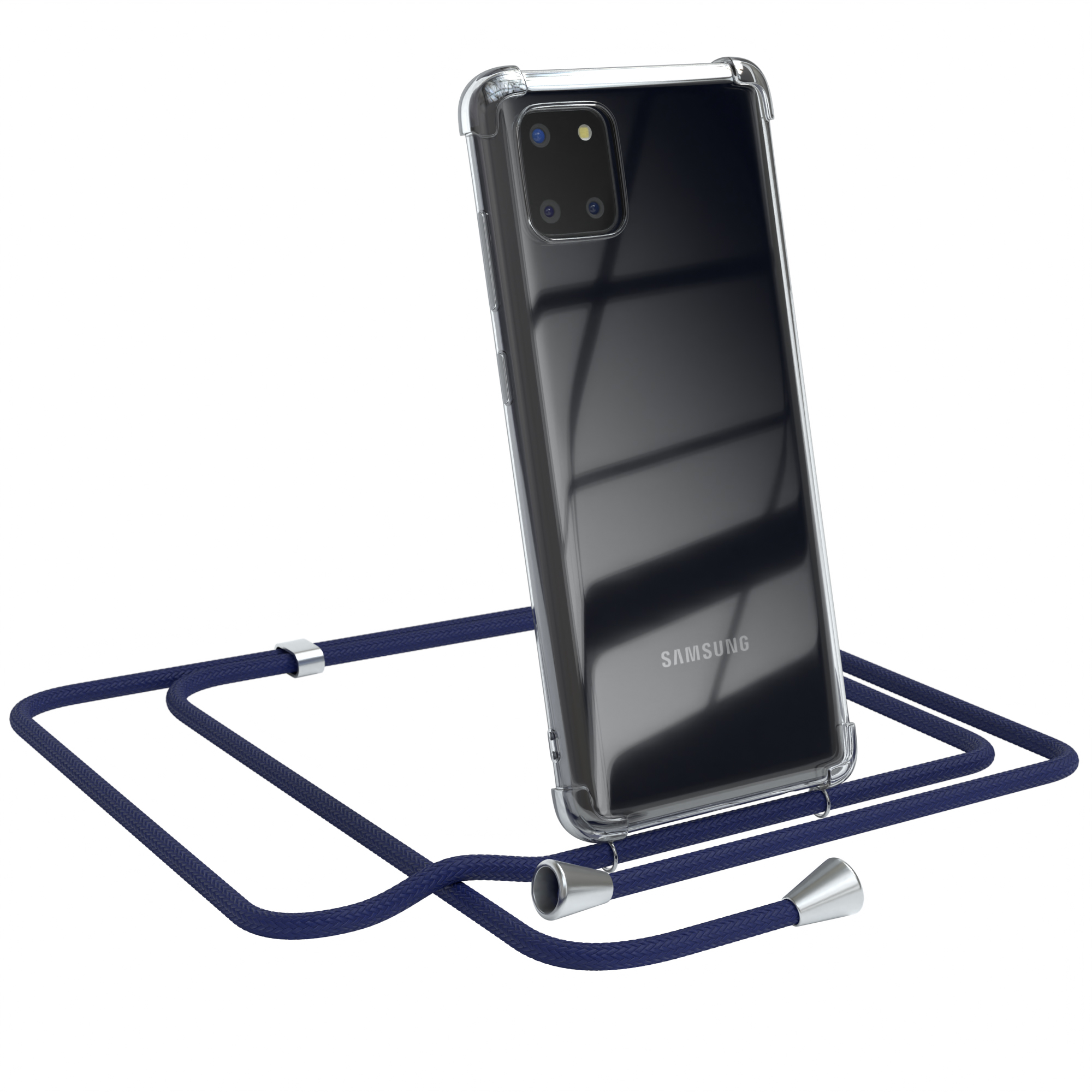 Transparente Handyhülle mit blauem Seil. Samsung-Telefon. Isoliert auf weißem Hintergrund.