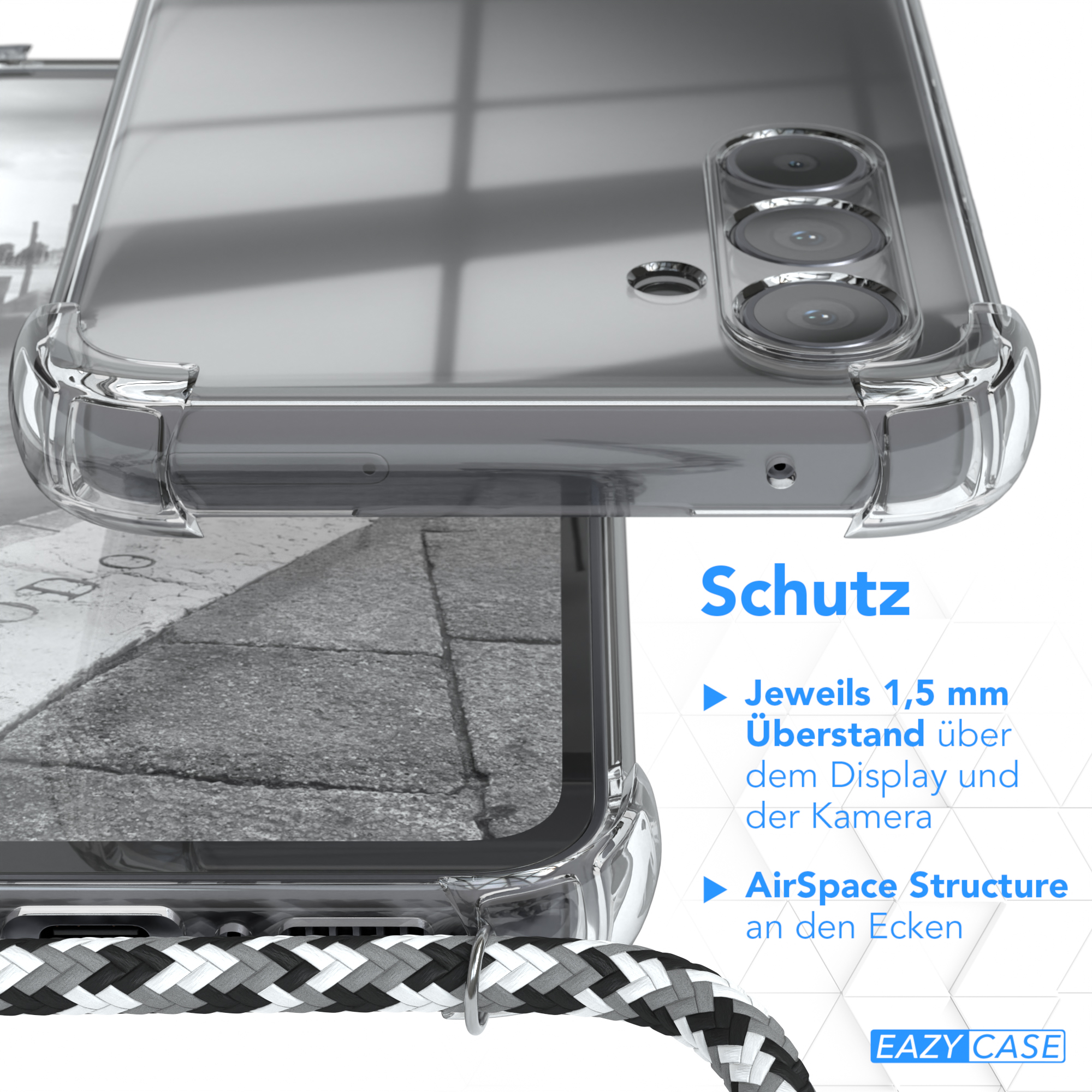 EAZY CASE Clear mit Galaxy / Umhängetasche, Cover Clips A54, Umhängeband, Silber Schwarz Camouflage Samsung