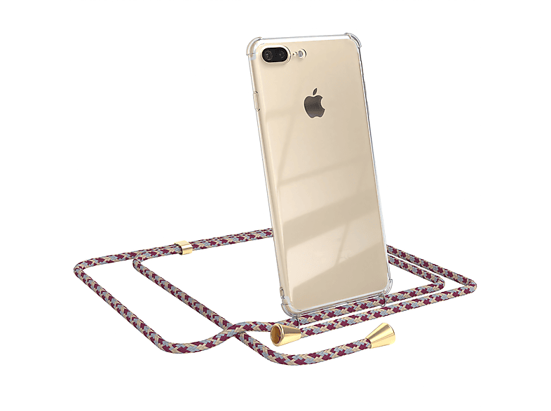 EAZY CASE Clear Cover mit Umhängeband, Umhängetasche, Apple, iPhone 8 Plus / 7 Plus, Rot Beige Camouflage / Clips Gold