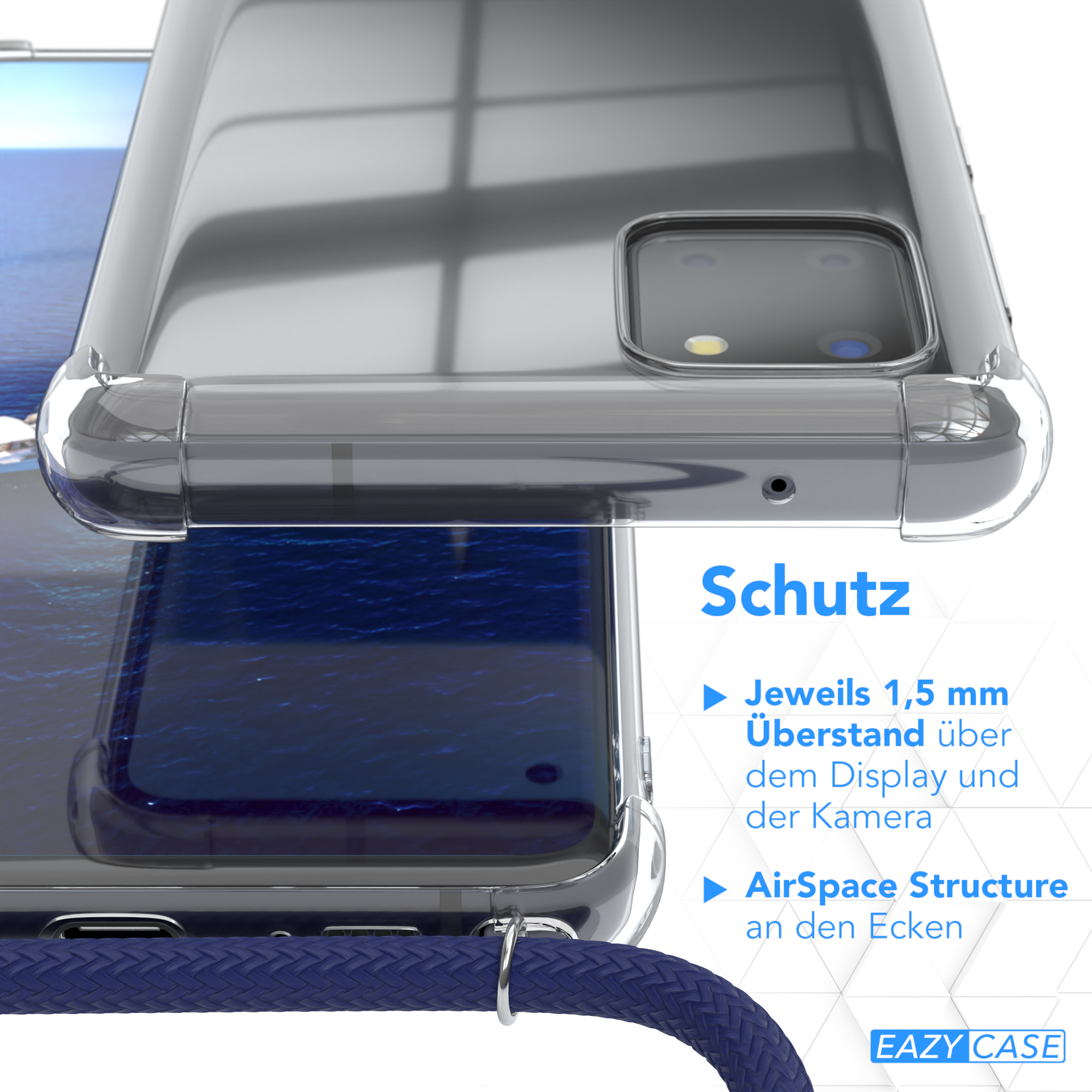 Galaxy Umhängeband, 10 EAZY Clear Note Samsung, Clips Cover Silber / Blau Lite, CASE mit Umhängetasche,