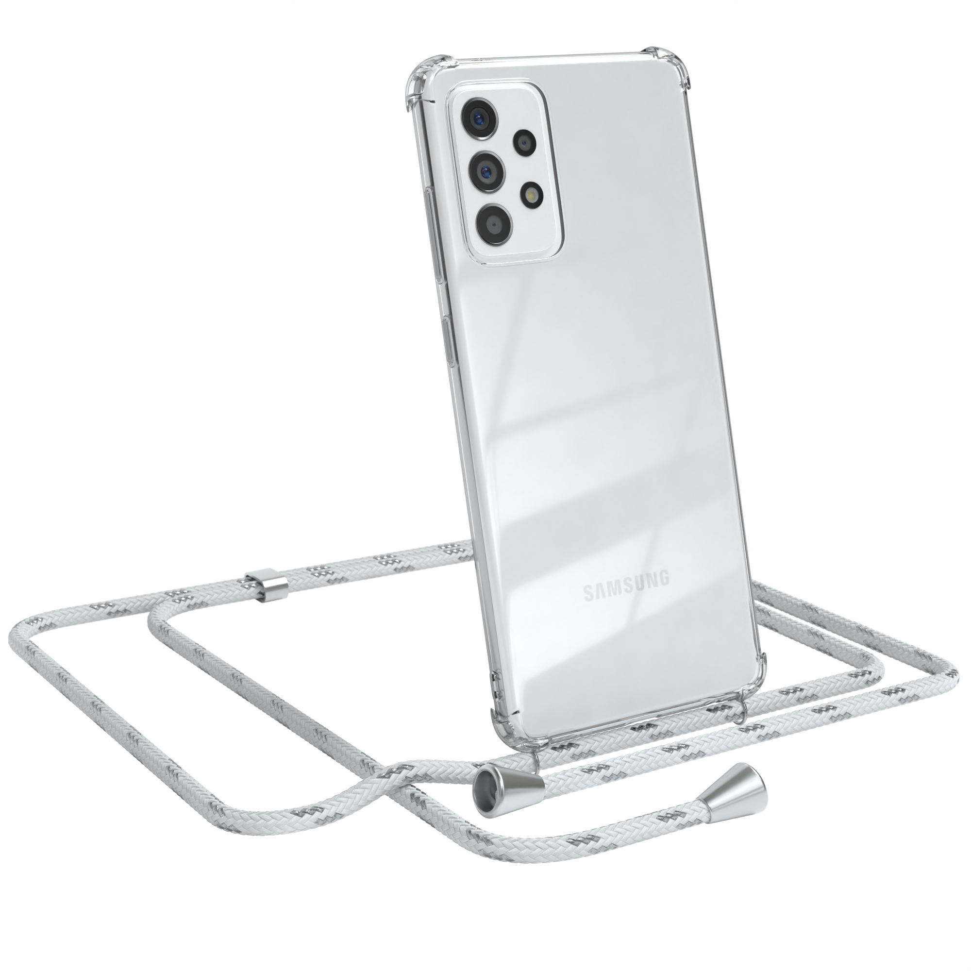 Samsung-Telefon in transparenter Hülle mit grauem Umhängeband. Samsung-Logo sichtbar. Das Telefon ist in einer transparenten Hülle.
