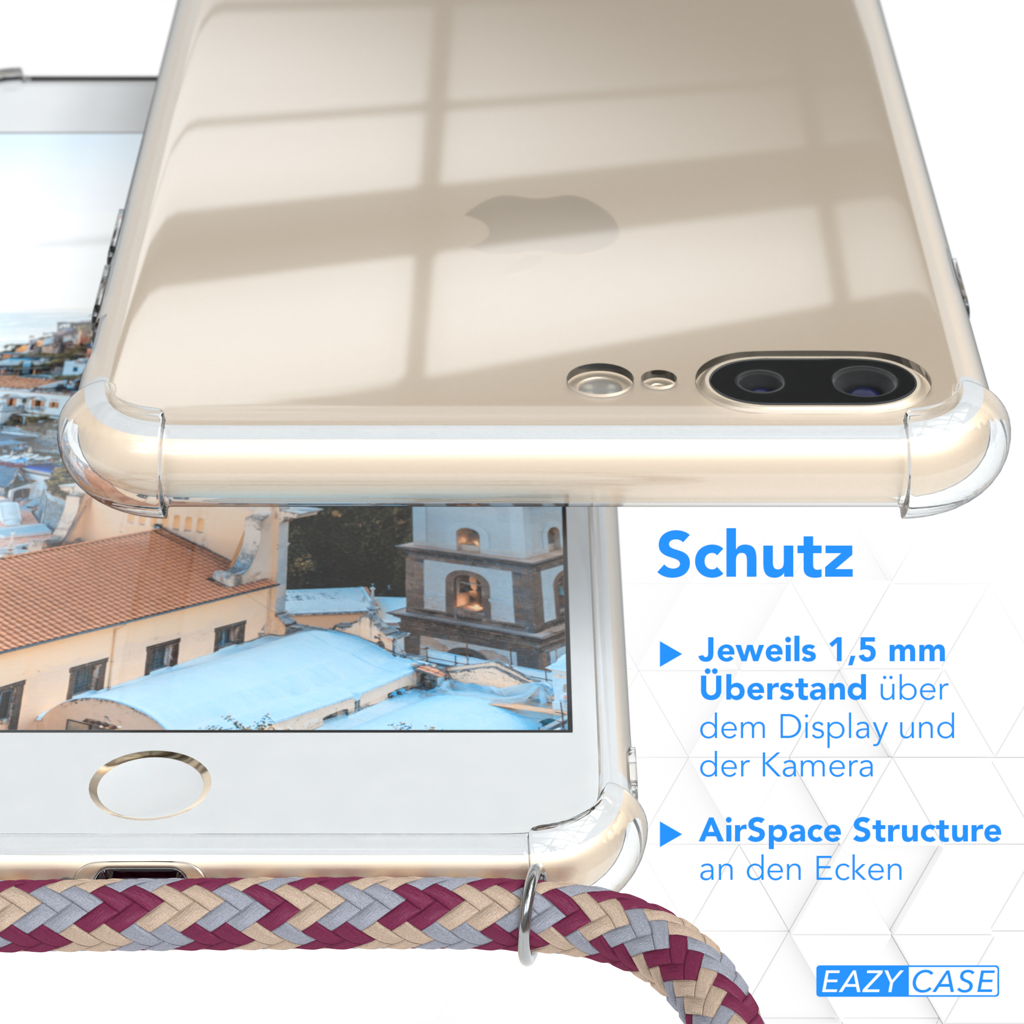 Transparente Handyhülle über einem Telefon. Textdetails zu Schutzmerkmalen.