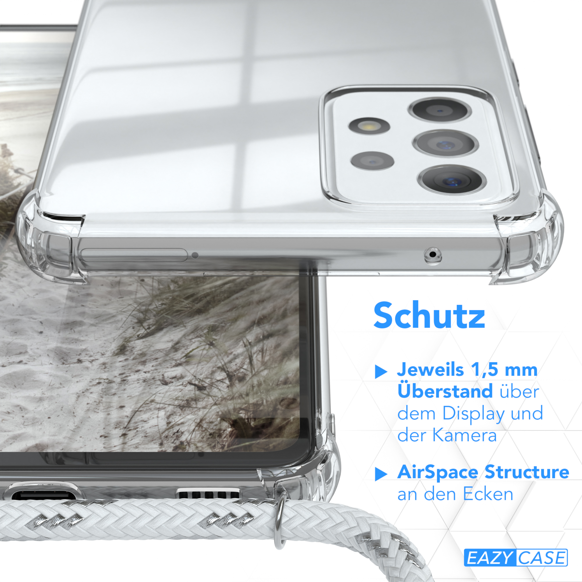 Nahaufnahme der Handyhülle, Textdetails zu Schutzfunktionen wie der AirSpace Structure.