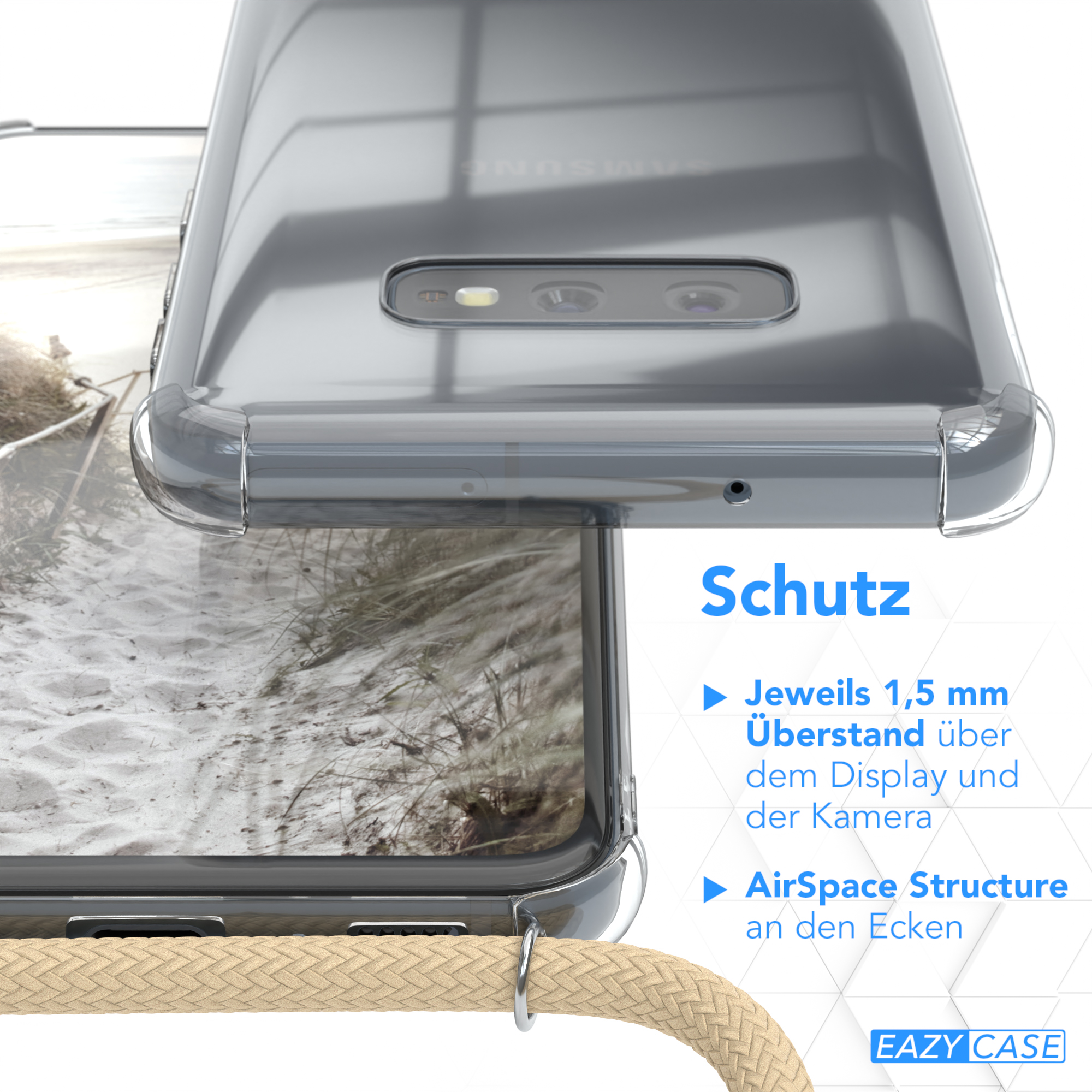 Klare Handyhülle, die ein Telefon schützt. Details zum Display- und Kameraschutz.