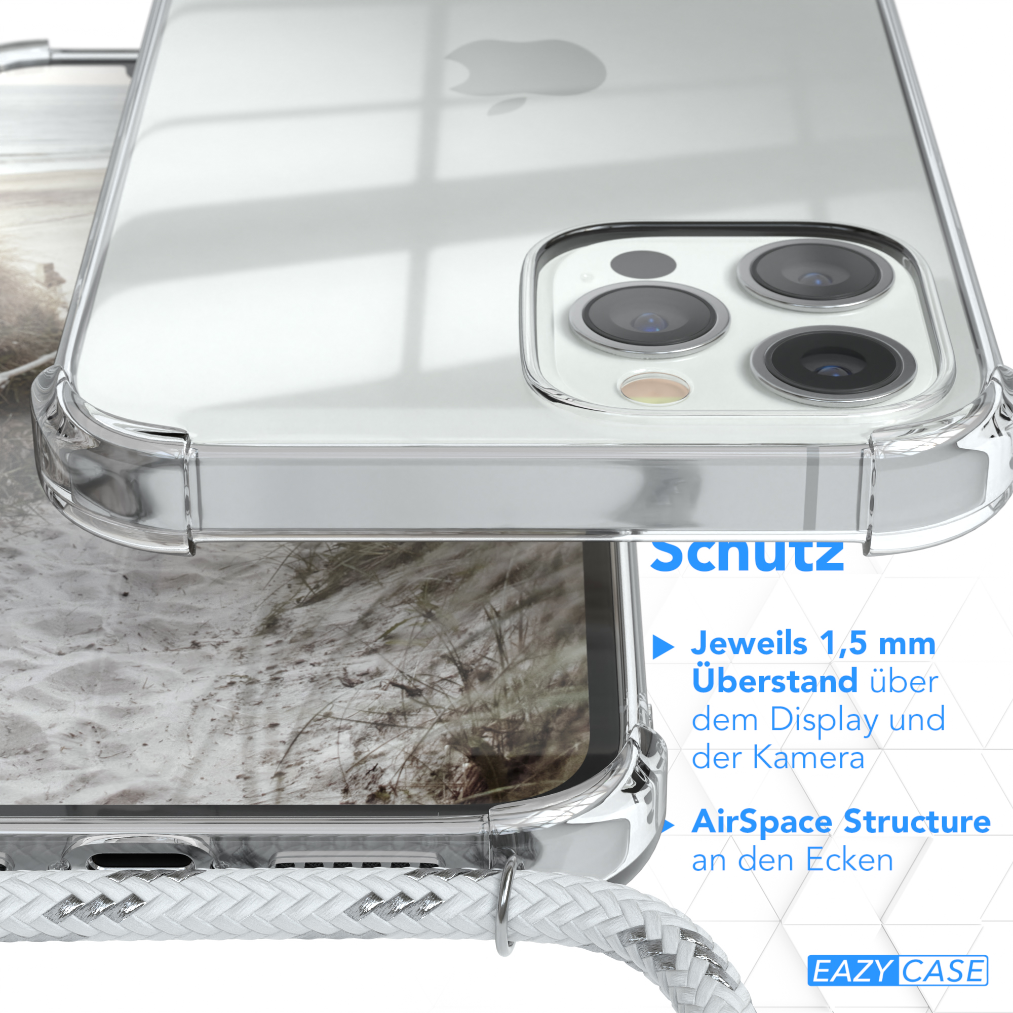 Nahaufnahme einer Handyhülle. Text über Schutzfunktionen. Sandiger Strandhintergrund ist unscharf.