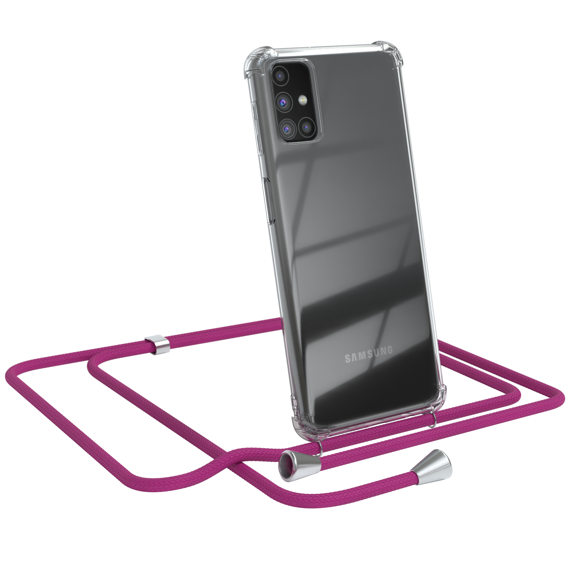 Transparente Handyhülle mit magenta Umhängeband. Samsung-Logo sichtbar. Vor weißem Hintergrund.