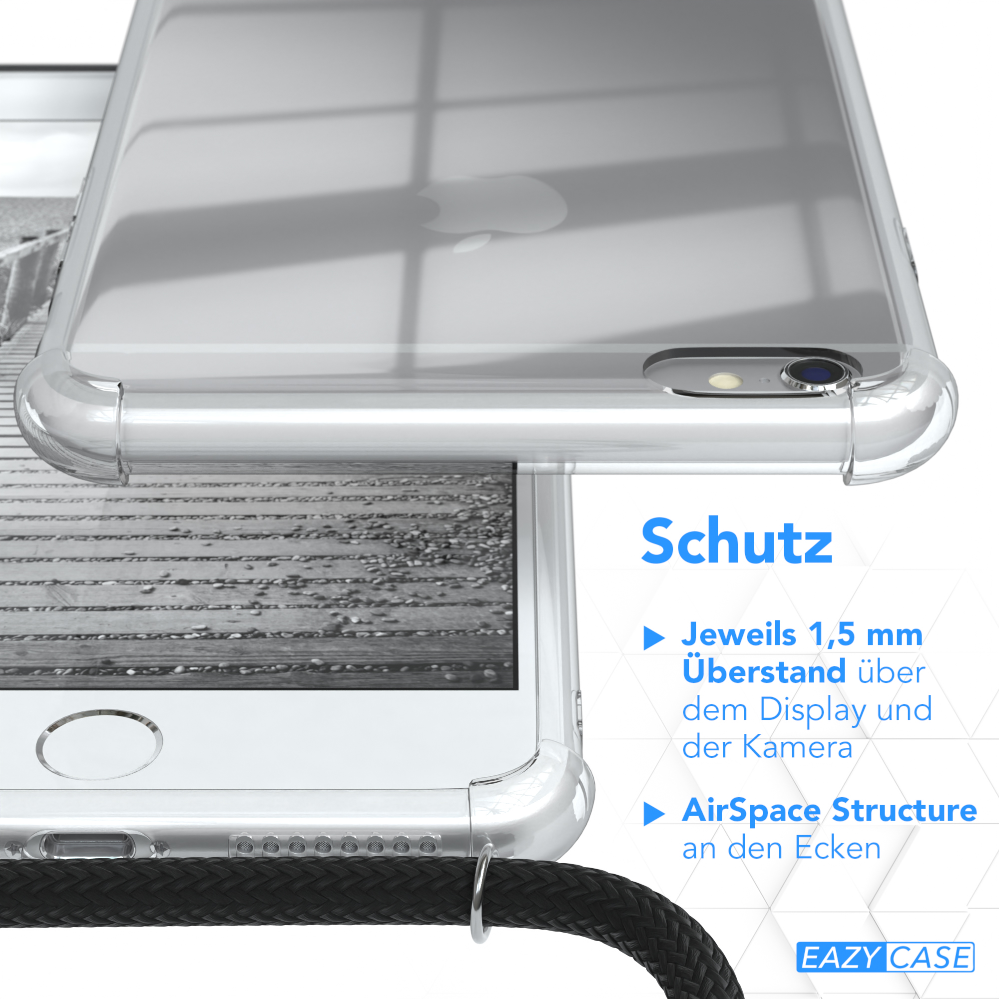 Nahaufnahme einer transparenten Handyhülle mit einem Telefon darin, Seite und Rückseite.
