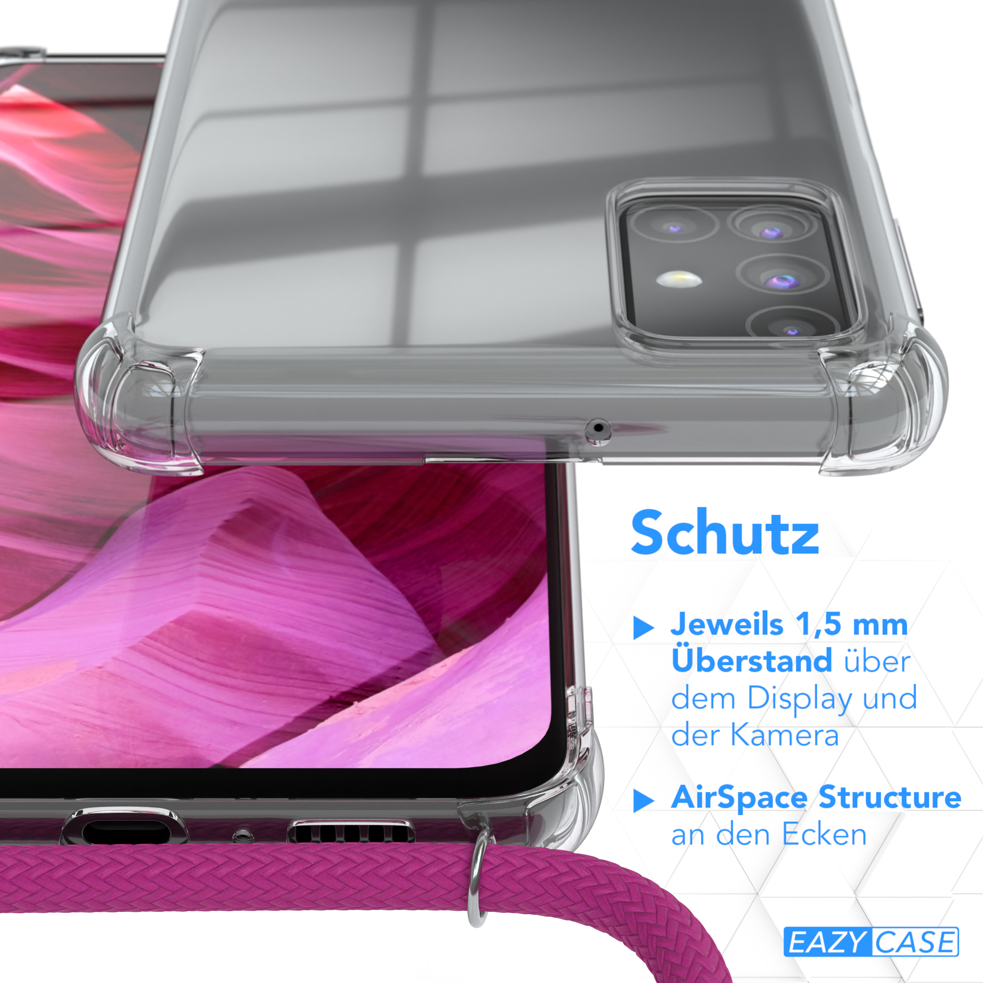 Nahaufnahme des Handyhüllen-Details, das Schutzfunktionen zeigt. Text-Overlay hebt das Design der Hülle hervor.