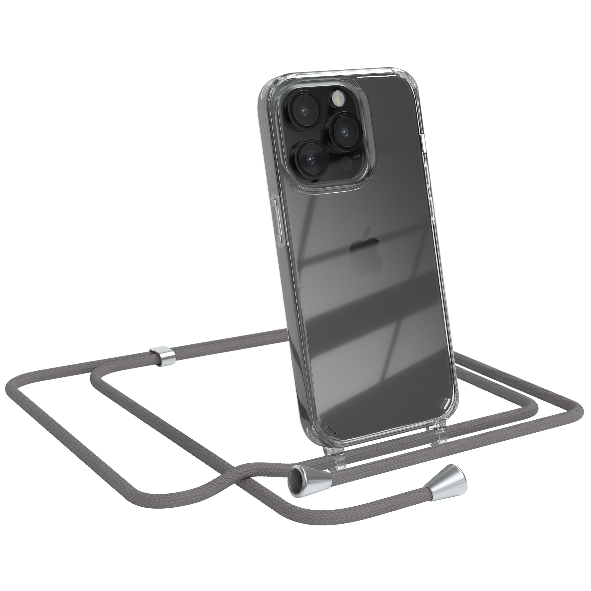 Transparente iPhone-Hülle mit Band. Apple-Logo sichtbar. Der Riemen hat silberfarbene Akzente.