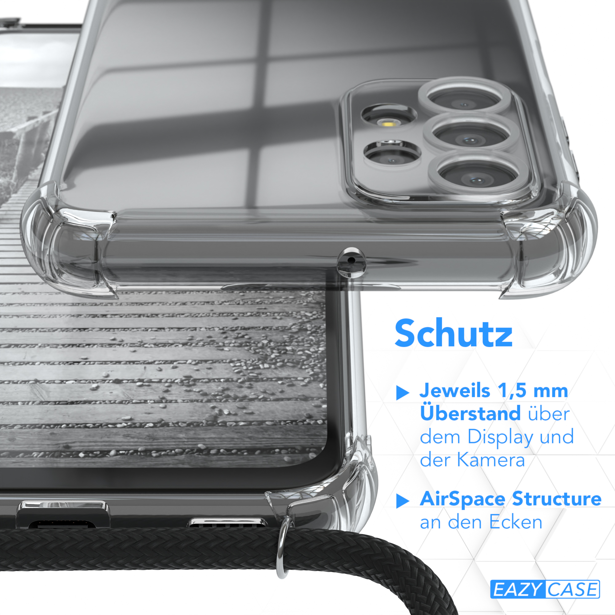 Nahaufnahme einer Handyhülle, die ein Telefon schützt. Text: Schutz. Merkmale aufgelistet.