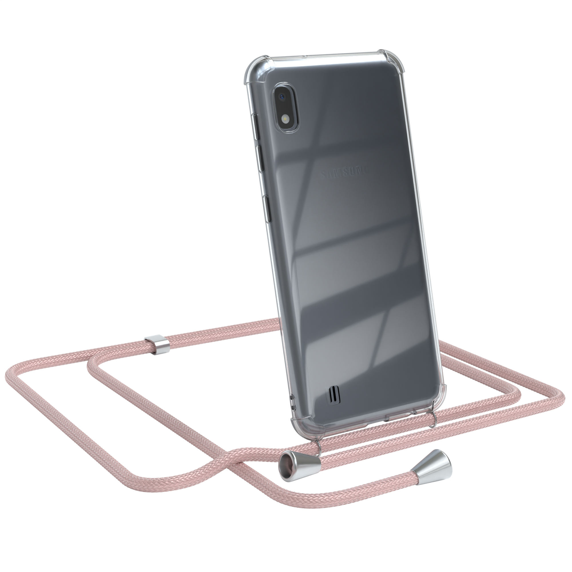Transparente Handyhülle mit rosa Kordel. Ein Samsung-Handy ist in der Hülle, weißer Hintergrund.