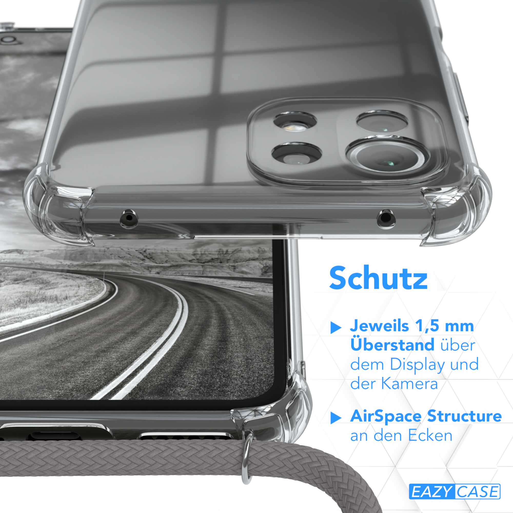 Transparente Handyhülle über einem Straßenbild, mit Text über Schutz und Eigenschaften.