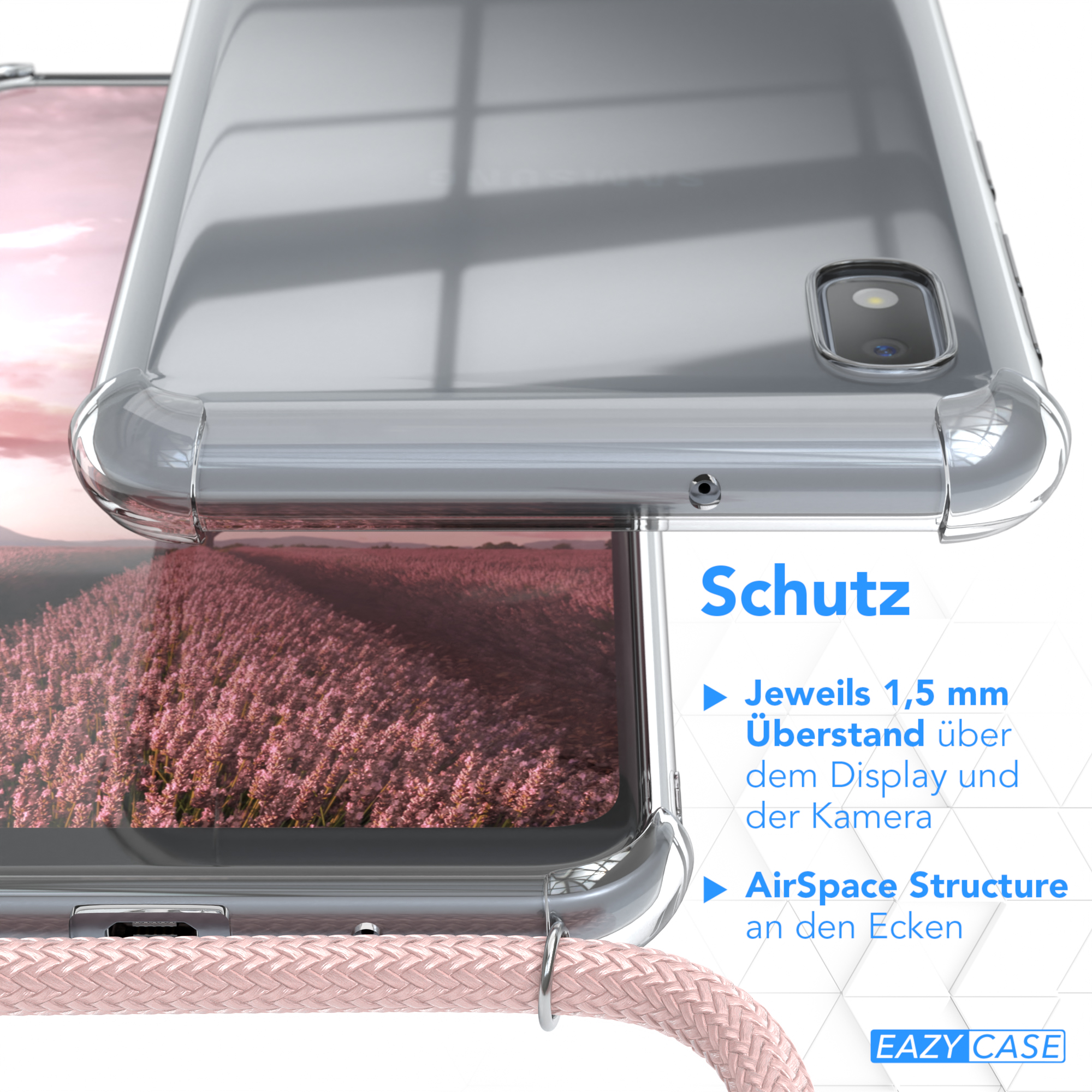 Samsung, CASE EAZY Clear Cover Umhängetasche, Rosé A10, Clips Silber Umhängeband, / mit Galaxy