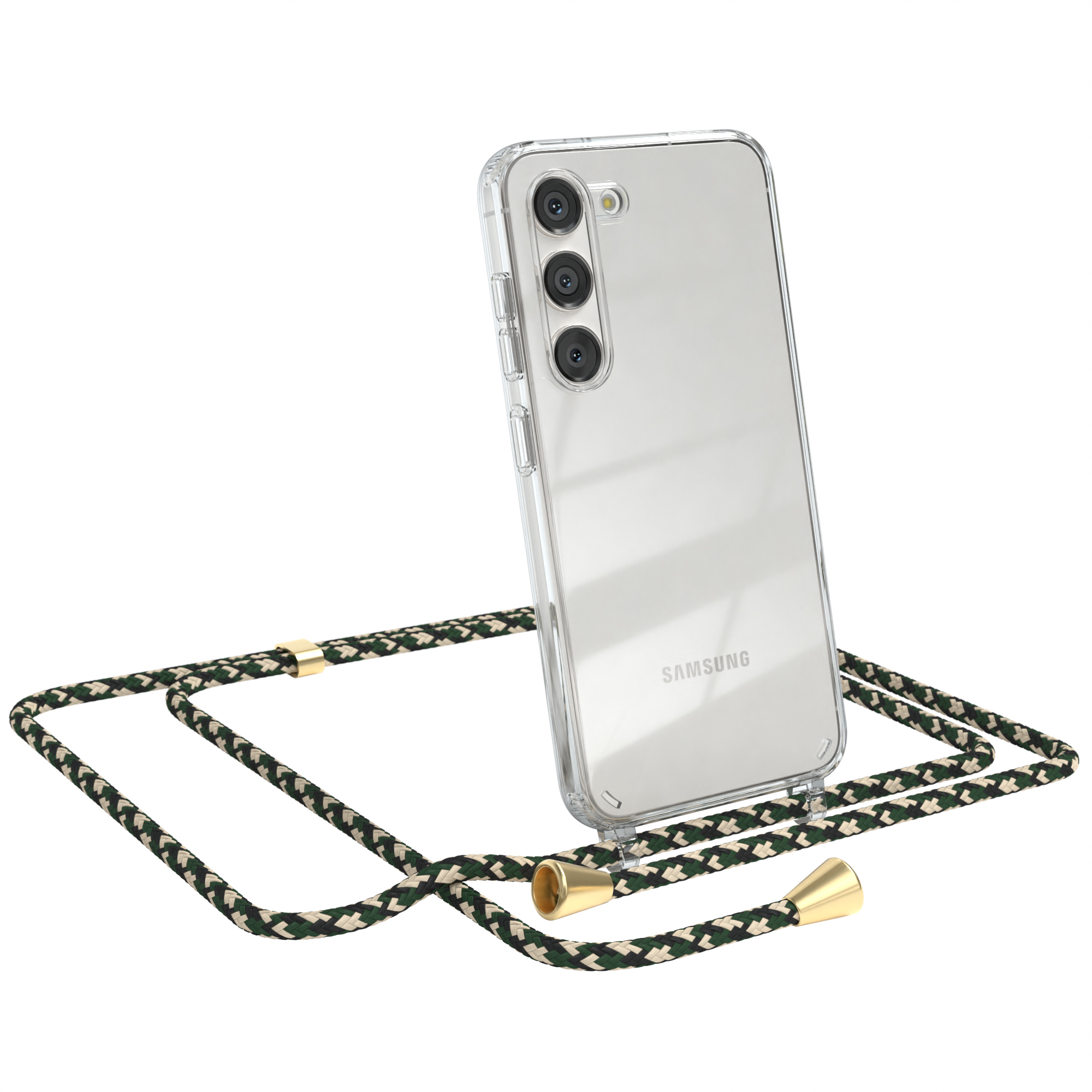 Transparente Samsung-Hülle mit Camouflage-Band. Goldene Akzente. Samsung-Logo.