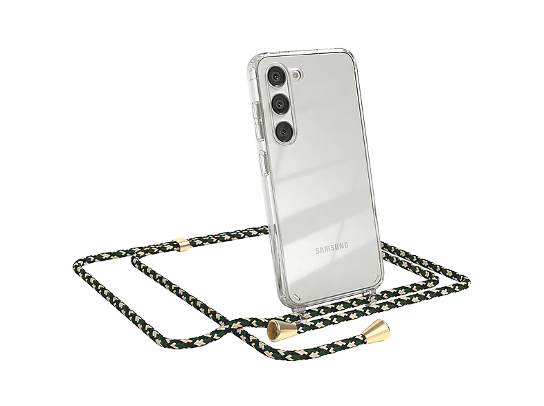 EAZY CASE Clear Cover mit Umhängeband, Umhängetasche, Samsung, Galaxy S23, Grün Camouflage / Clips Gold