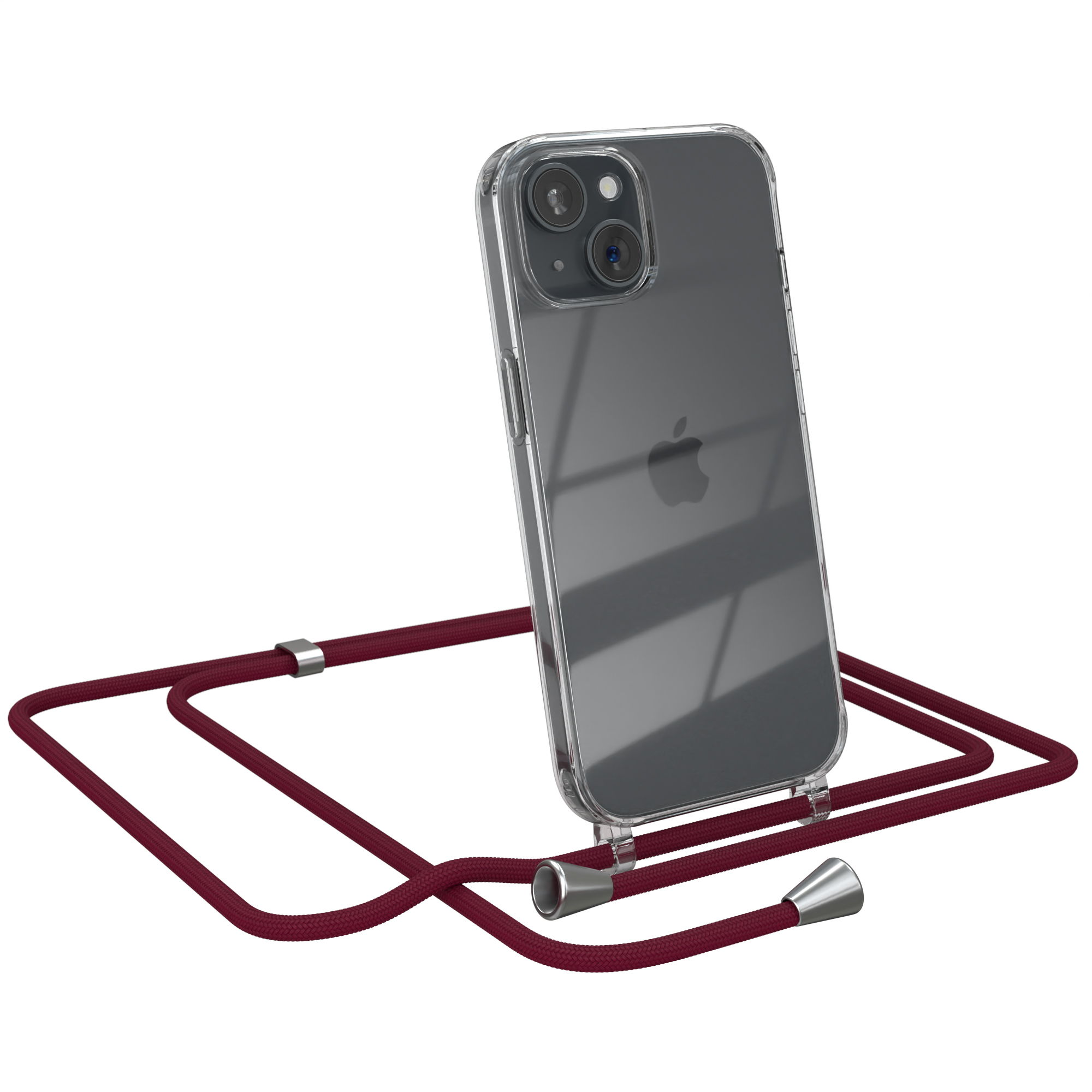 EAZY CASE Clear Clips Bordeaux Rot mit Umhängeband, Apple, Cover 15, iPhone Umhängetasche, / Silber
