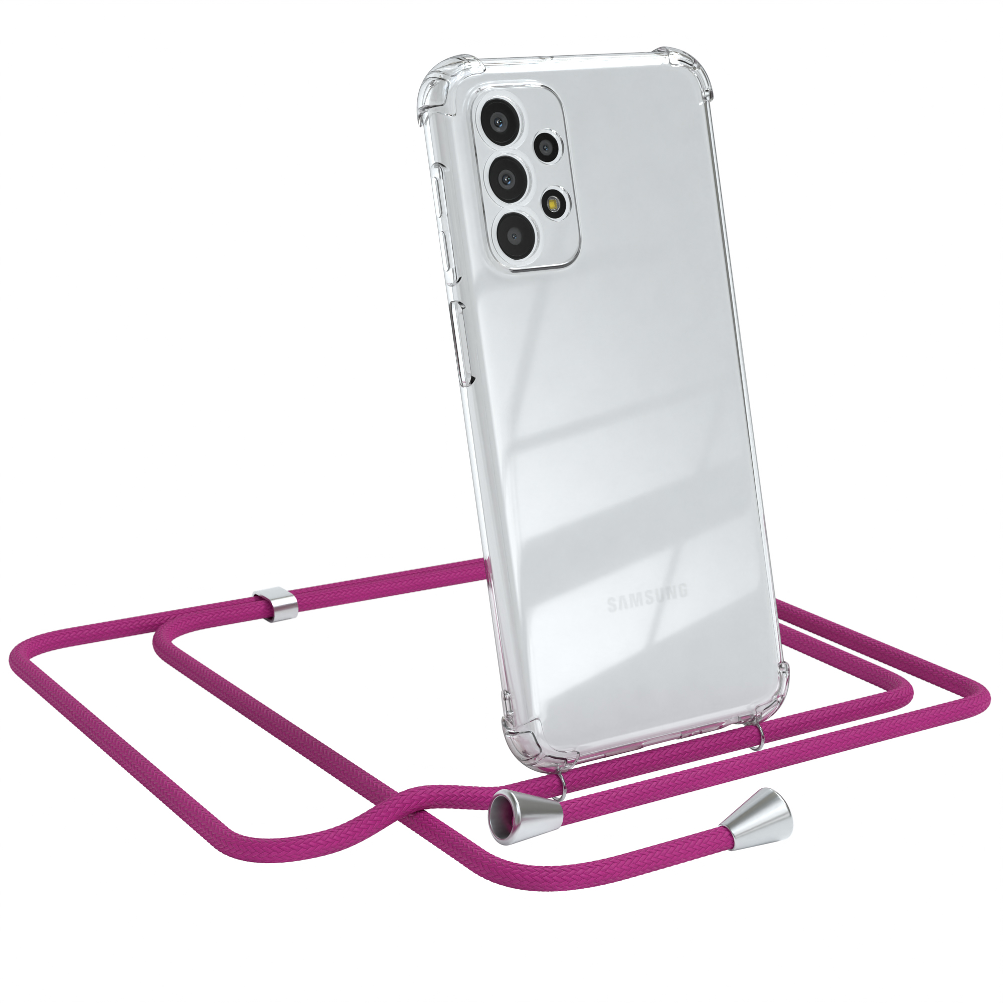 Transparente Handyhülle mit magentafarbenem Lanyard, Samsung-Handy. Weißer Hintergrund.