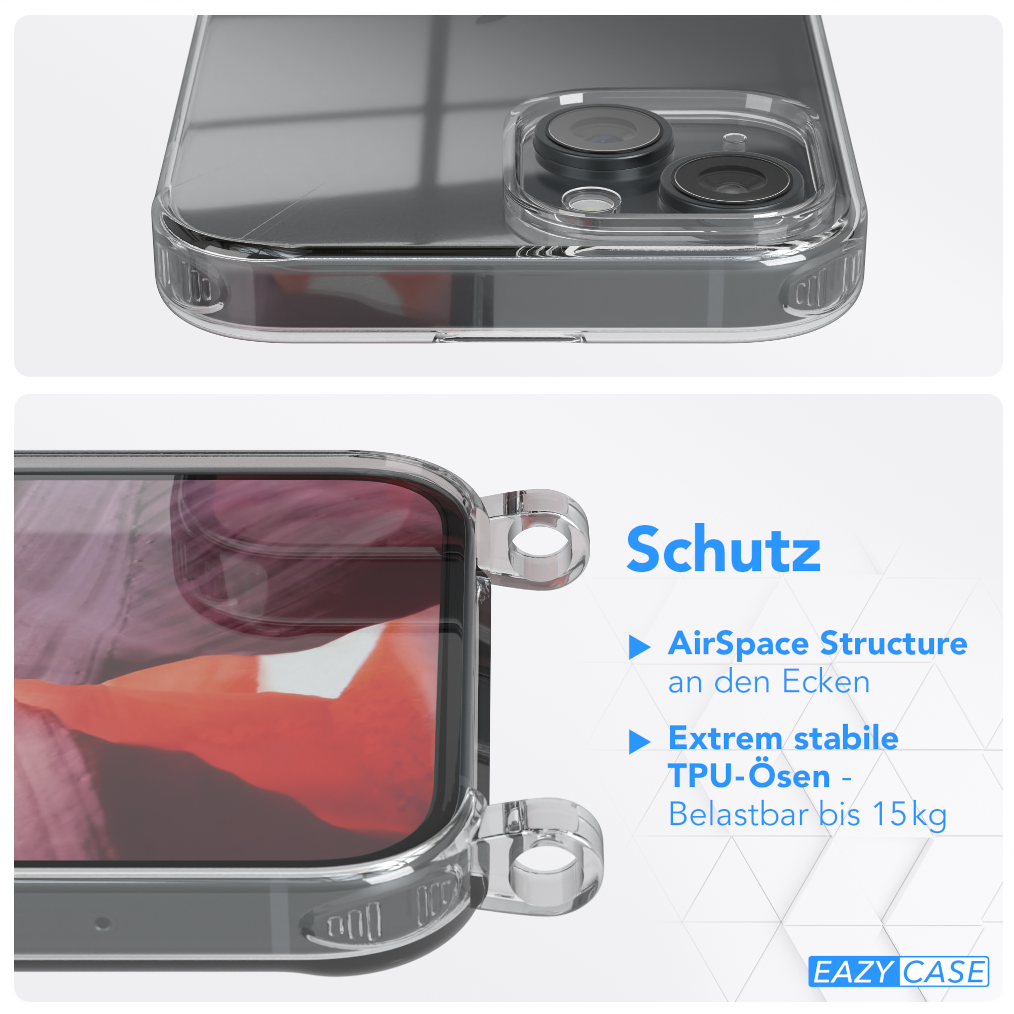Telefongehäusedetail. Klare Hülle schützt das Telefon. Weißer Hintergrund.