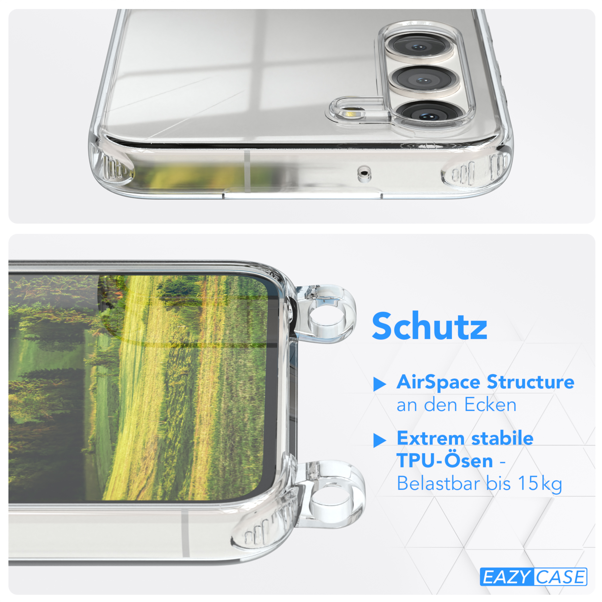 Klare Handyhülle auf einem Telefon, Nahaufnahme. Merkmale: AirSpace Struktur und stabile TPU-Ösen.
