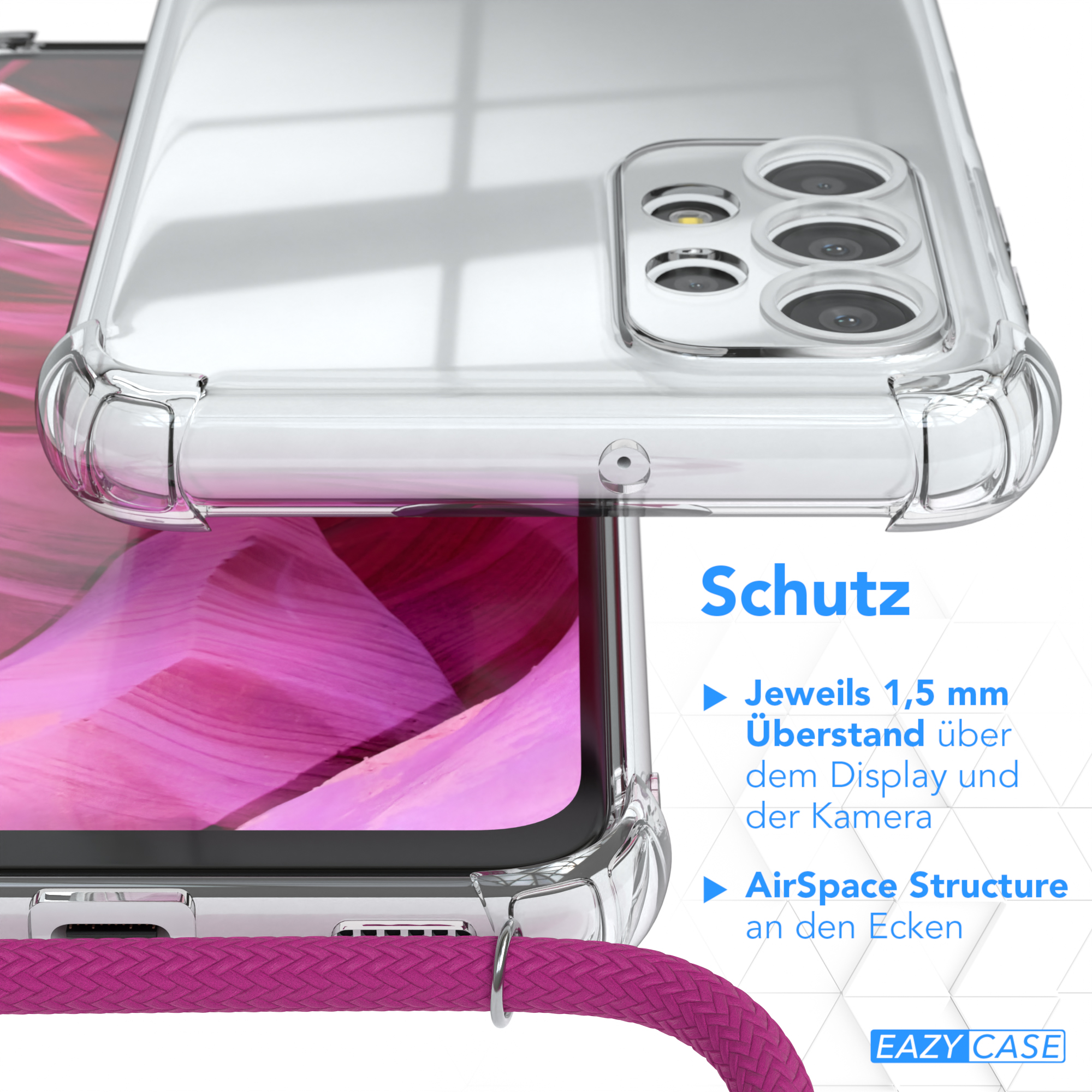 Nahaufnahme einer Telefonhülle mit Schutzdetails. Merkmale sind erhöhte Kanten und AirSpace Structure an den Ecken.