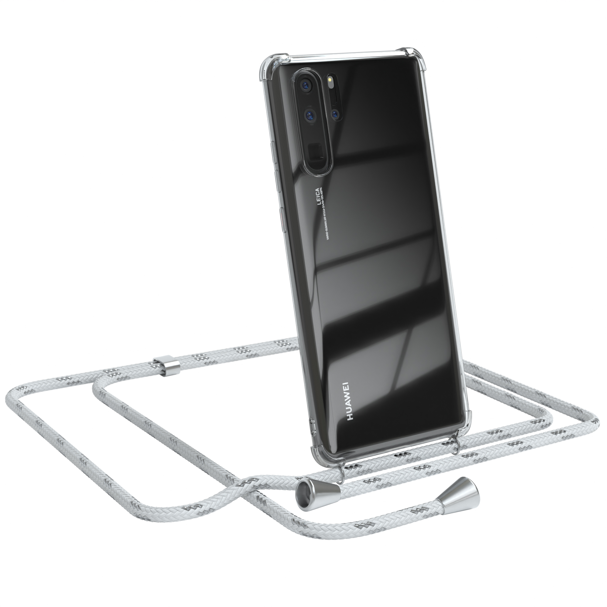 Ein Telefon in einer transparenten Hülle mit einem weißen Seil. Das Telefon hat ein Leica-Logo und ein Huawei-Logo.