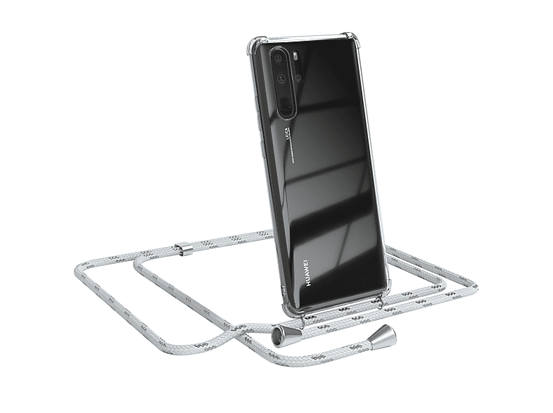 EAZY CASE Clear Cover mit Umhängeband, Umhängetasche, Huawei, P30 Pro, Weiß / Clips Silber
