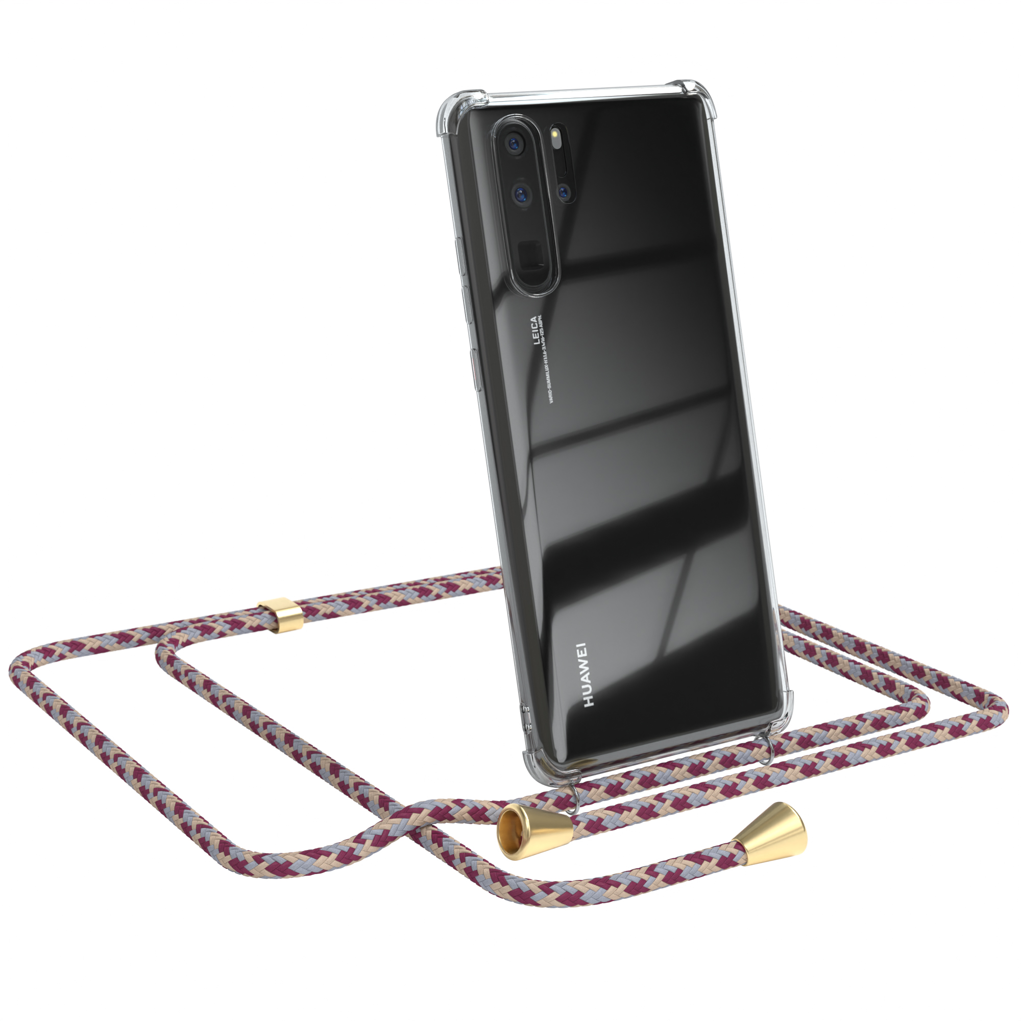 Ein Huawei-Telefon in einer transparenten Hülle mit einem gemusterten Kabel. Das Kabel hat goldfarbene Akzente.