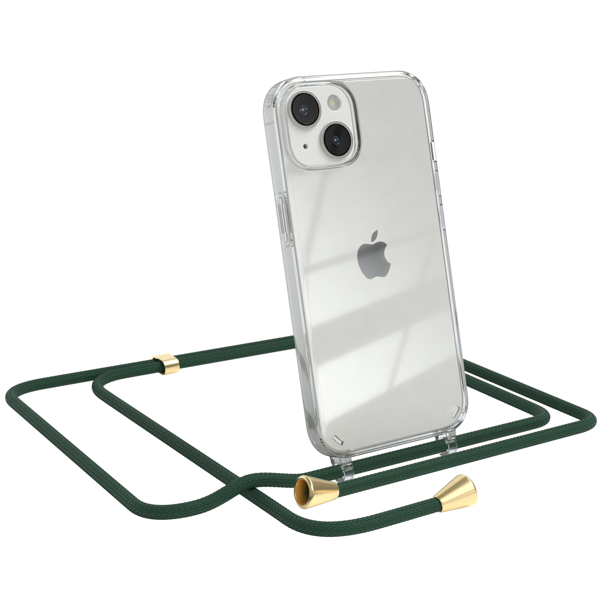 Transparente Handyhülle mit grünem Kordel. Apple-Handy steht aufrecht. Weißer Hintergrund.